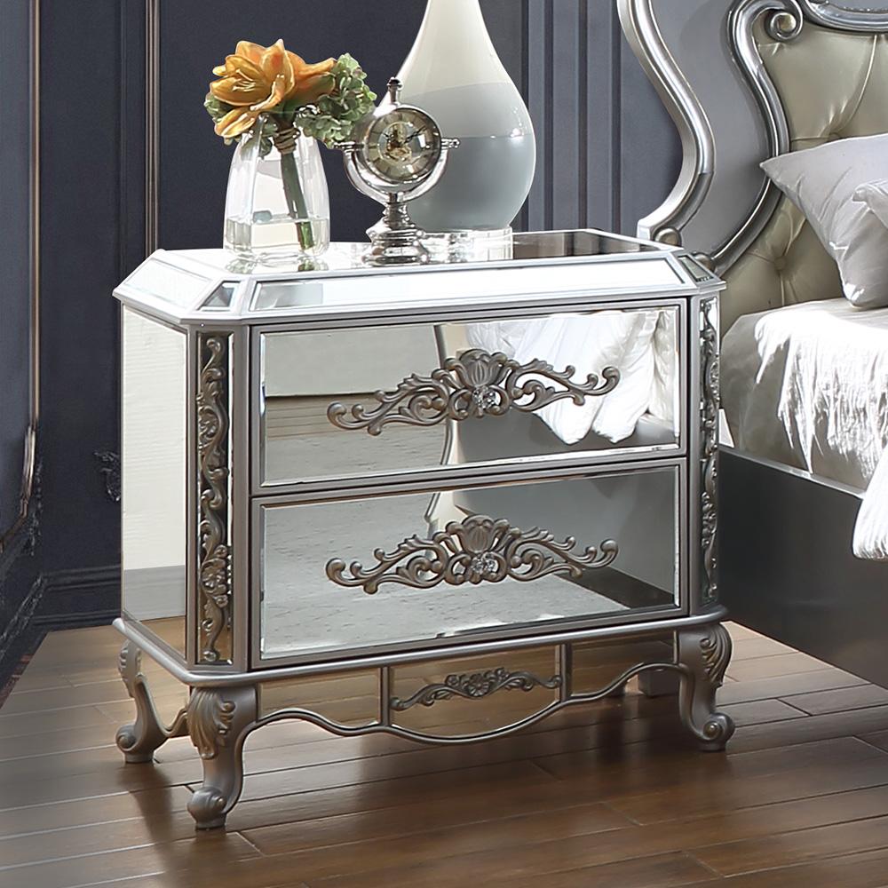 Traditional Night Stand HD-6036 HD-N6036-2PC in Antique, Silver Faux Leather