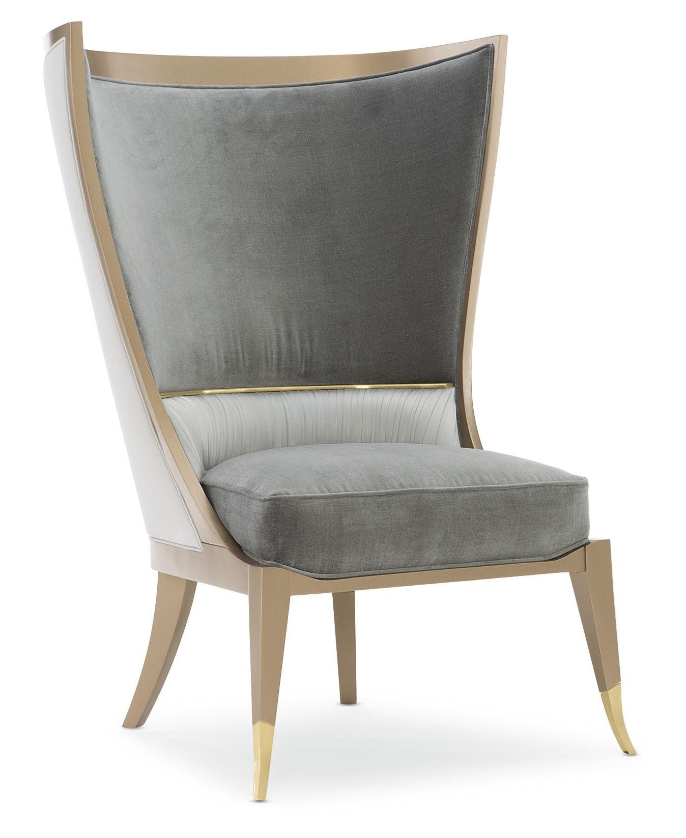 

    
Luxurious Gray Satin Golden Shimmer Finish Accent Chair POP YOUR COLLAR by Caracole
