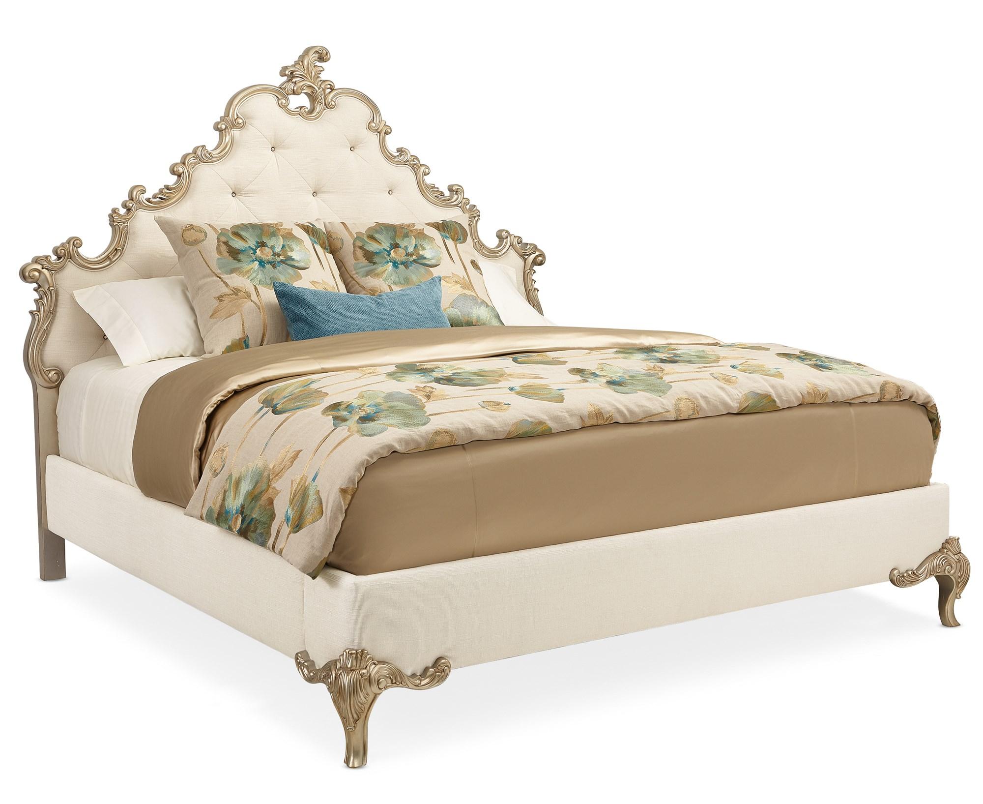 Traditional Panel Bed FONTAINEBLEAU C063-419-141 in Cream, Gold Fabric