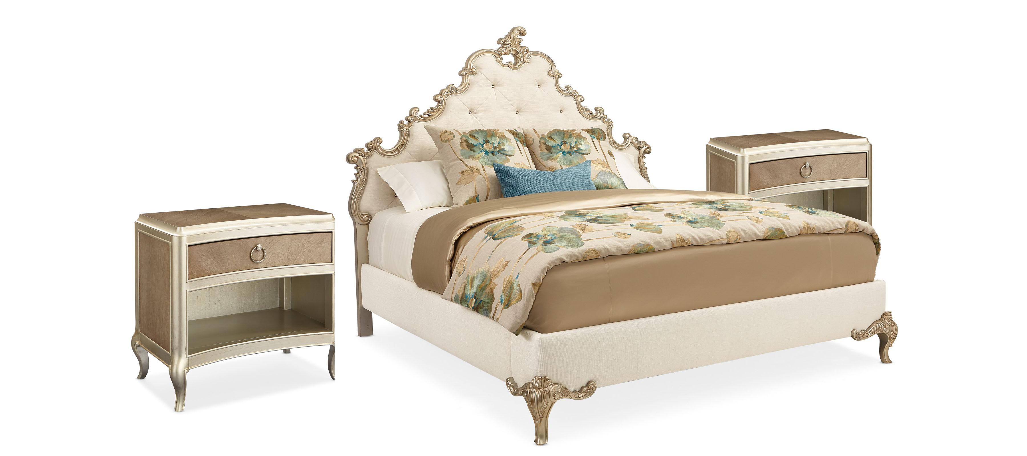 

    
Luxuriously Cream & Gold Upholstered King Bed Set 3Pcs FONTAINEBLEAU by Caracole
