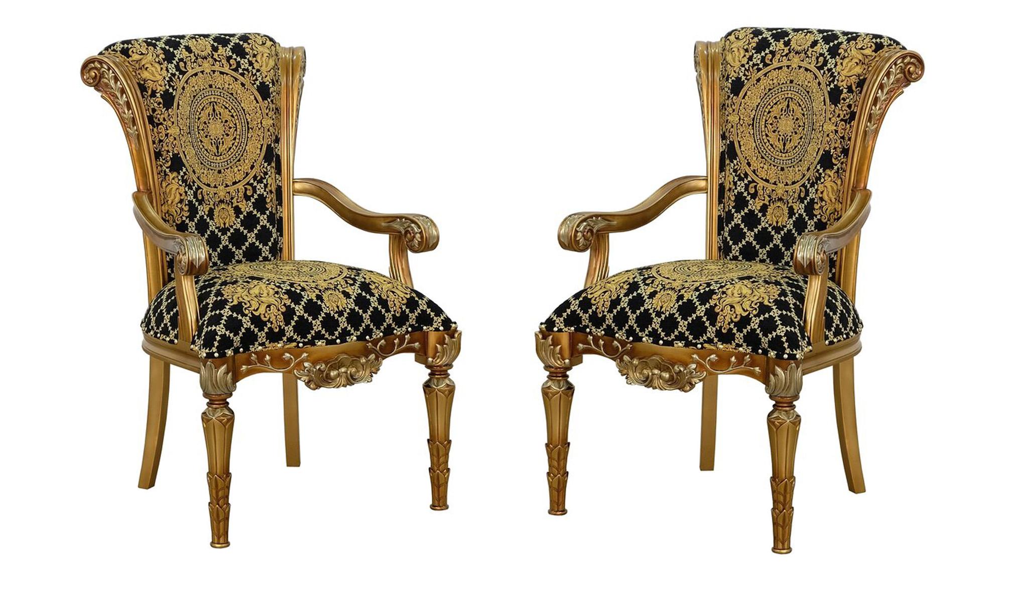 Classic, Traditional Dining Arm Chair Set VALENTINA 61958-AC-Set-2 in Ebony, Gold, Bronze, Black Fabric