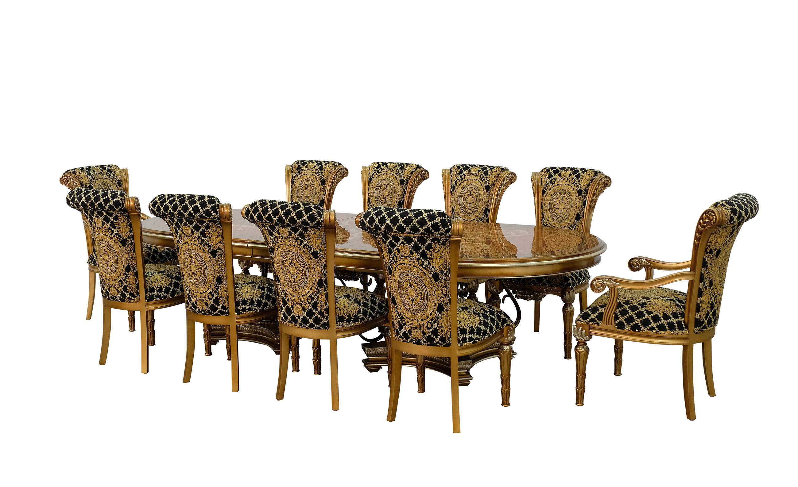 

    
Valentina Brown Oval Dining Set 11Pcs w/ Gold Black Chairs EUROPEAN FURNITURE
