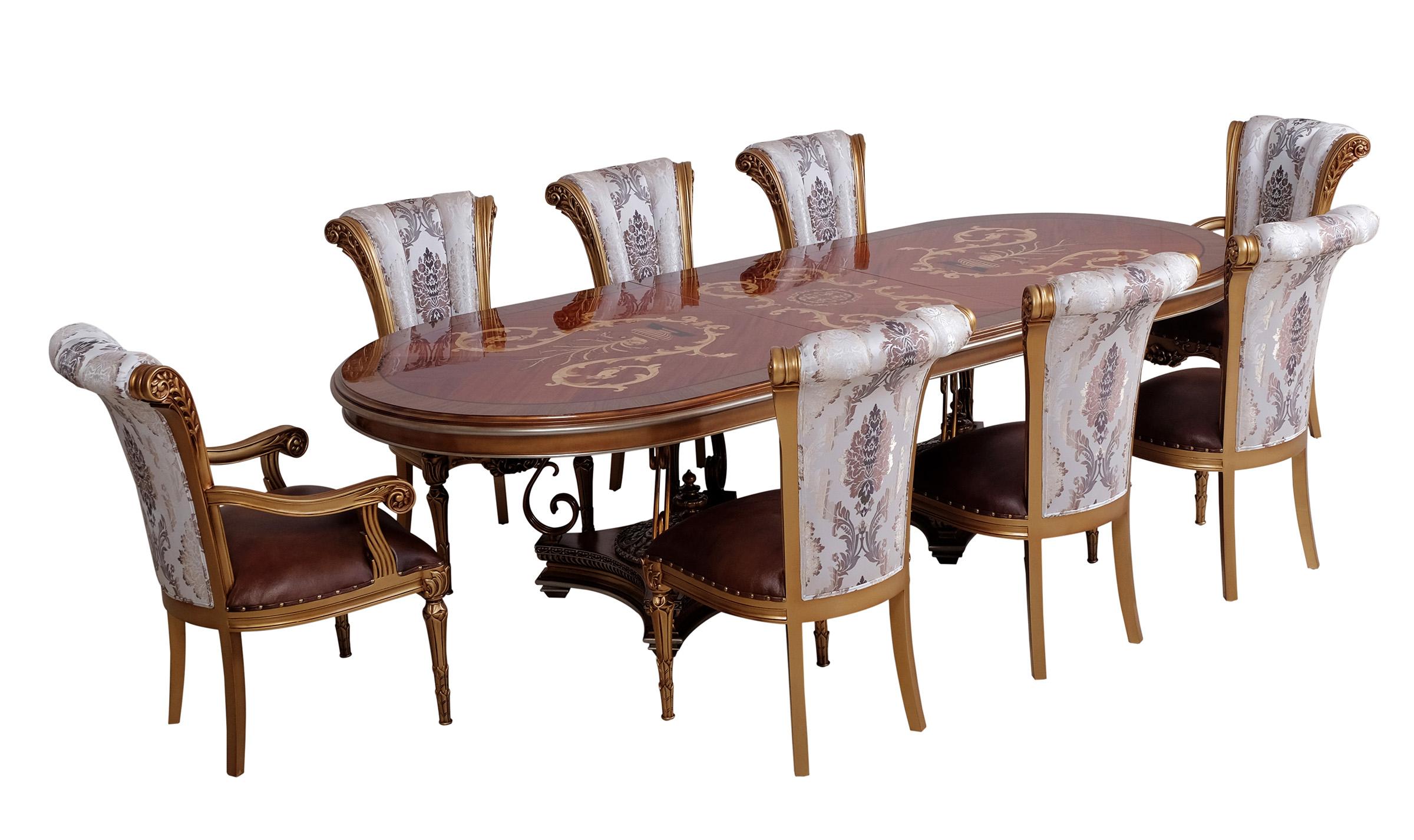 Classic, Traditional Oval Dining Table Set VALENTINA 51955-DT-9PC in Brown Leather