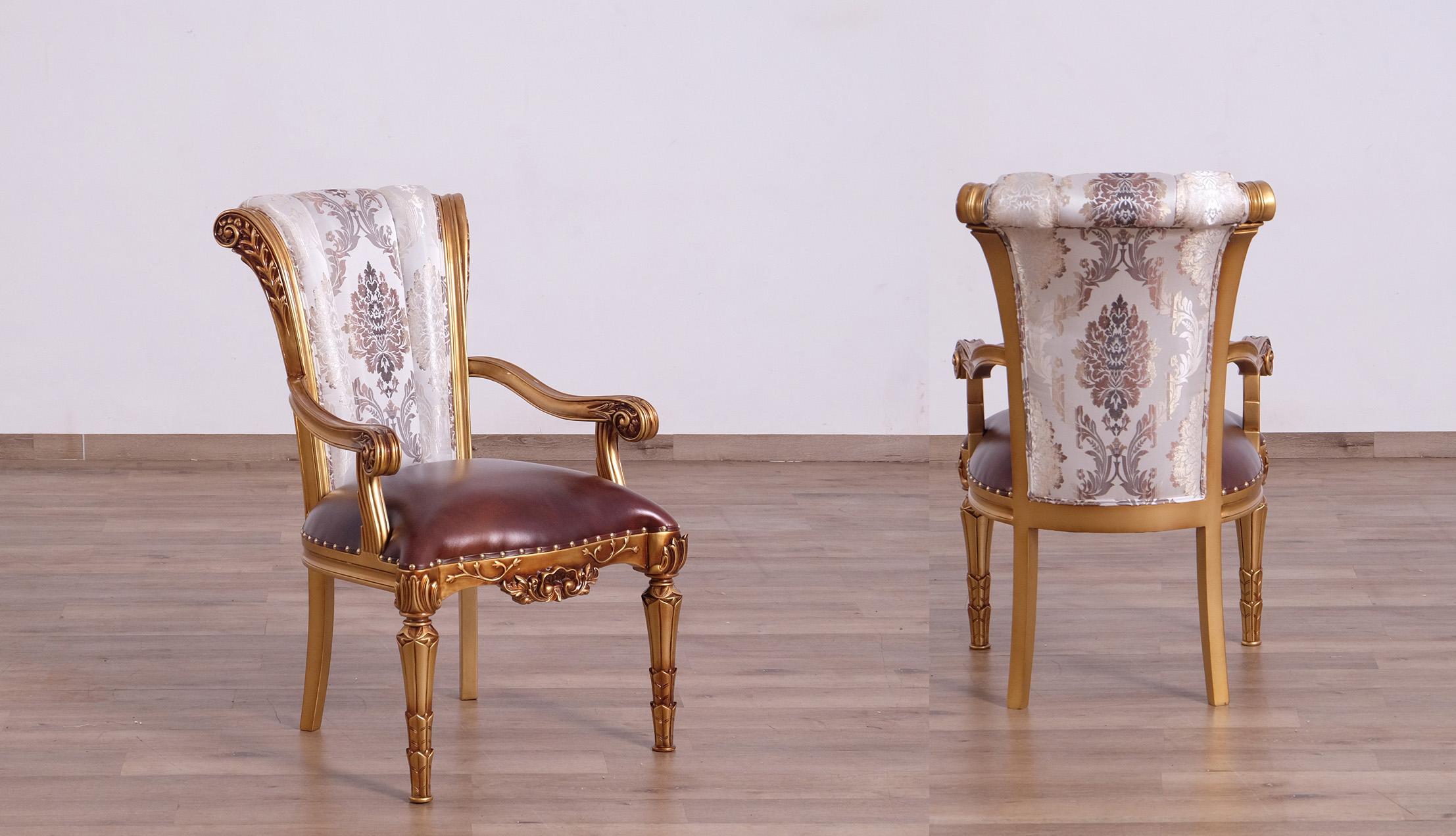 Classic, Traditional Dining Arm Chair Set VALENTINA 51955-AC-Set-2 in Pearl, Ebony, Gold, Bronze Leather