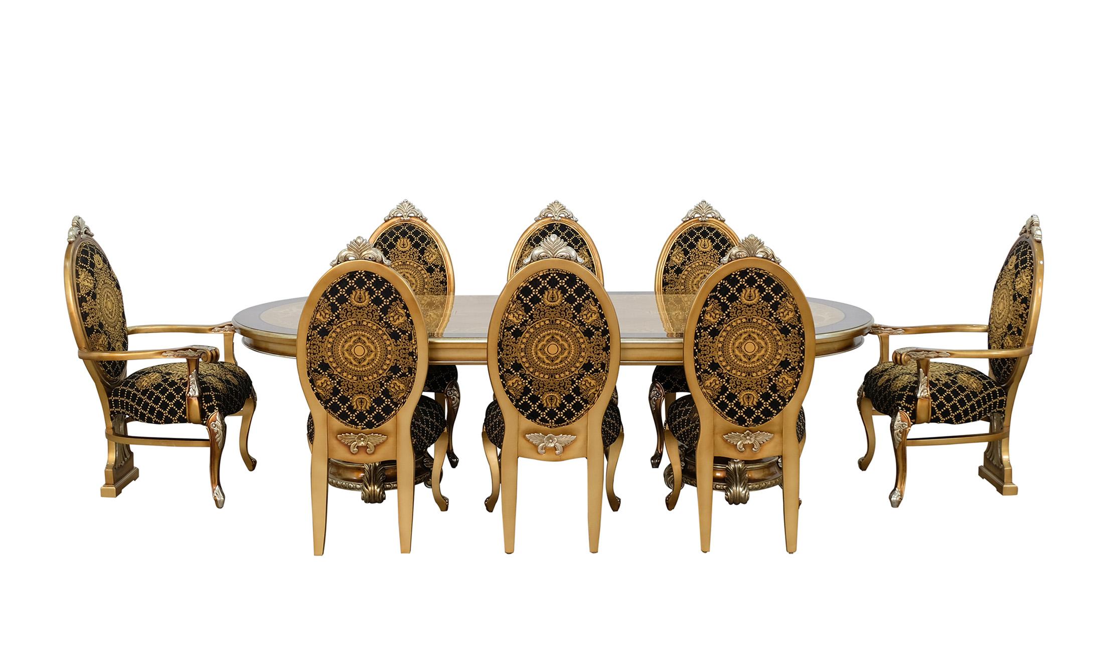 Classic, Traditional Dining Table Set EMPERADOR 42034-DT-Set-9 in Ebony, Silver, Brown Fabric