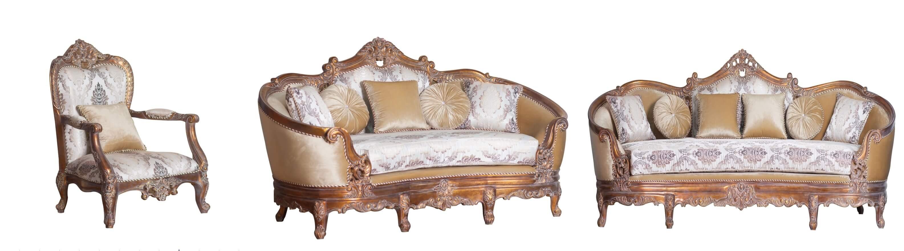 

    
Luxury Antique Dark Cooper Wood Trim VICTORIAN Sofa Set 3 Pcs EUROPEAN FURNITURE
