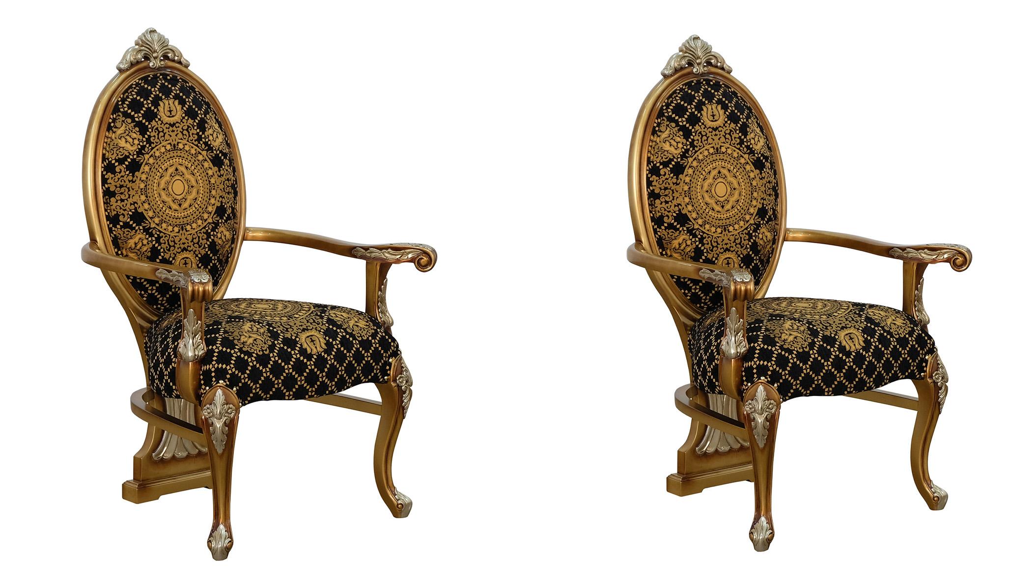 Classic, Traditional Dining Arm Chair Set EMPERADOR 42034-AC-Set-2 in Silver, Gold, Black Fabric