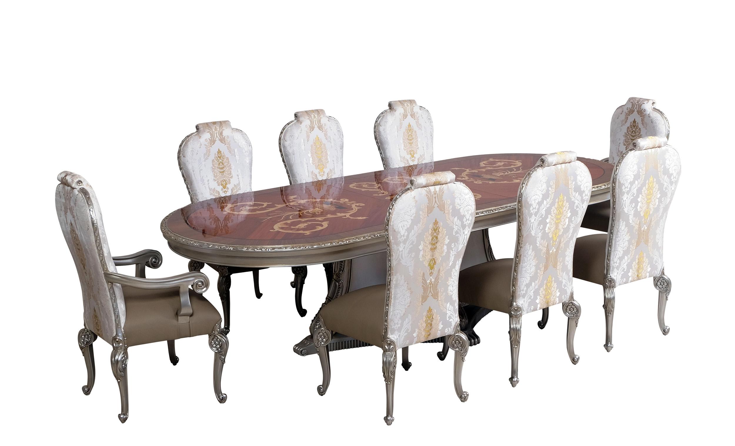 Contemporary, Modern Dining Table Set BELLAGIO 40050-DT-Set-9 in Antique Silver, Ebony, Gold Leather
