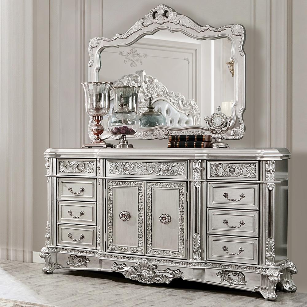 Traditional Dresser With Mirror HD-5800GR HD- DR5800GR-2PC in Antique Silver, Silver 