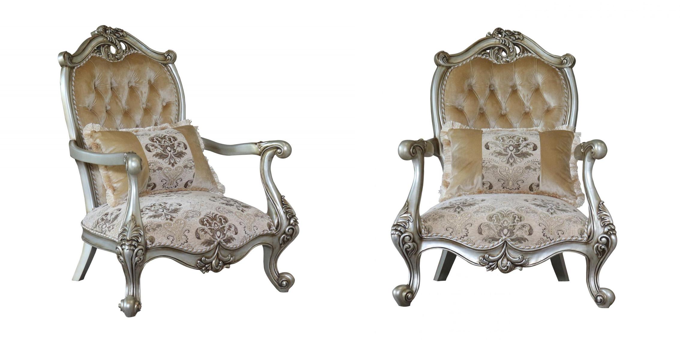Classic, Traditional Arm Chair Set VALERIA 38066-C-Set-2 in Antique, Silver Fabric
