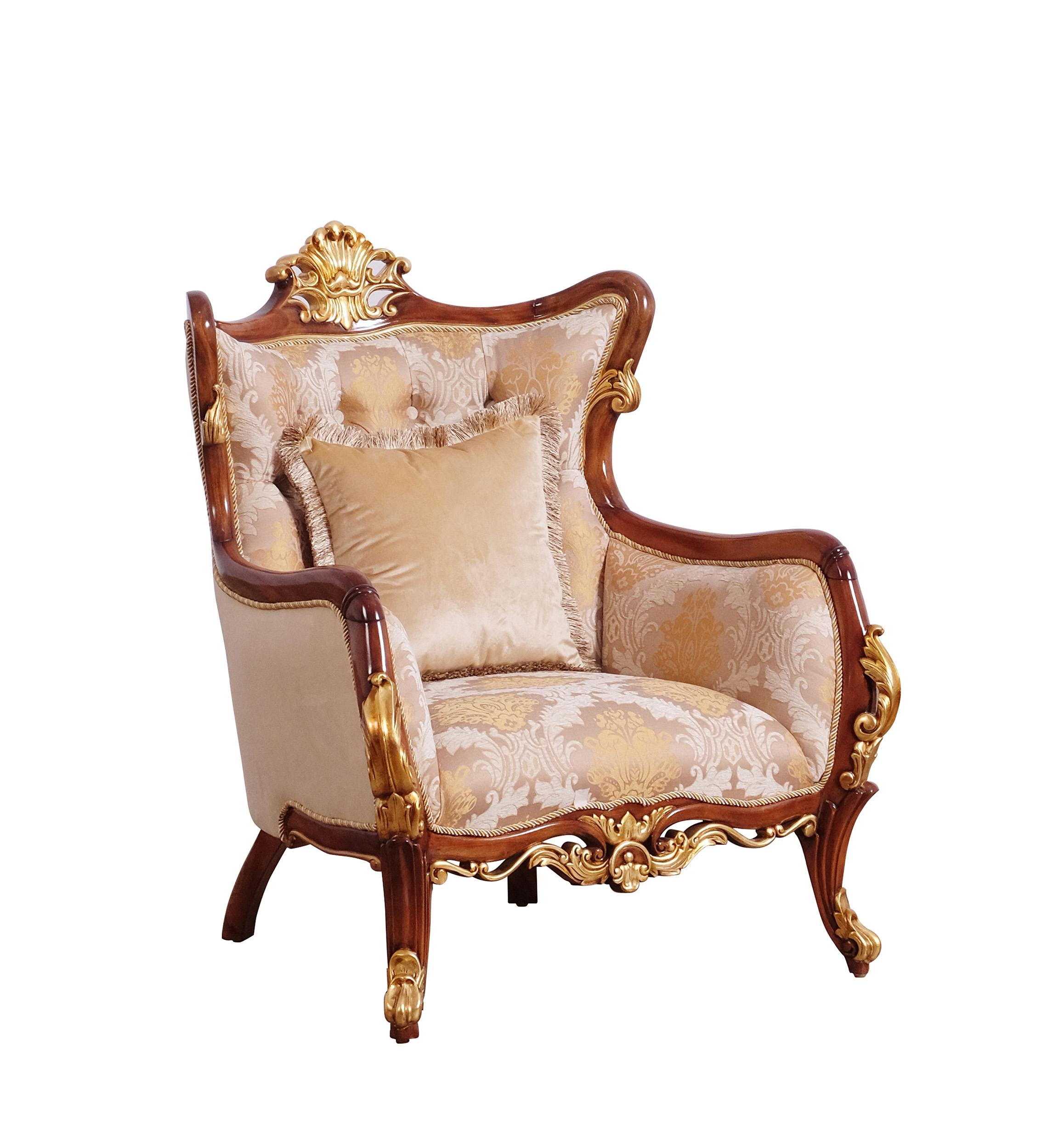 Classic, Traditional Arm Chair VERONICA II 47078-C in Antique, Walnut, Gold Fabric