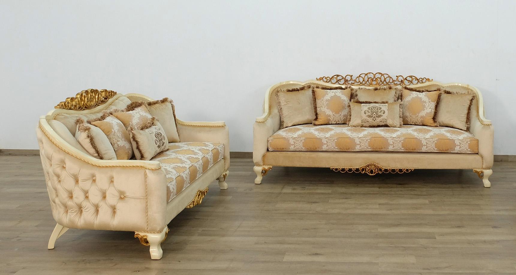 

    
Luxury Beige Antique Dark Gold Wood Trim ANGELICA Sofa Set 2Pcs EUROPEAN FURNITURE
