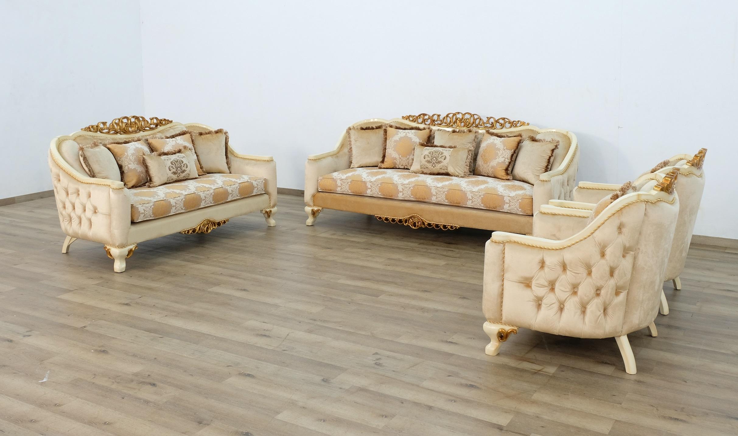 

    
Luxury Beige Antique Dark Gold Wood Trim ANGELICA Sofa Set 4 Pcs EUROPEAN FURNITURE
