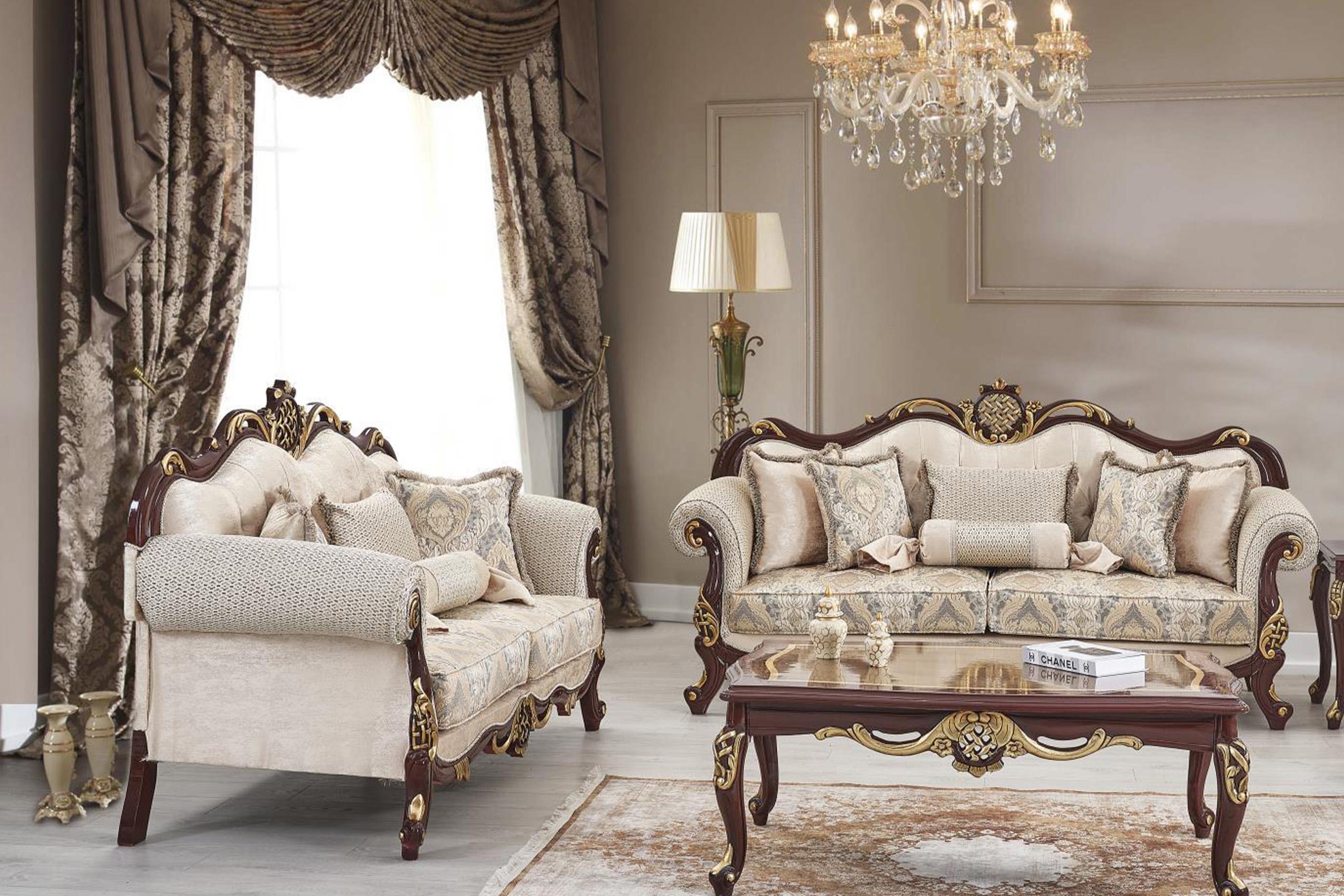 Classic, Traditional Sofa Set ANGELICA ANGELICA-S-L in Cherry, Beige Chenille