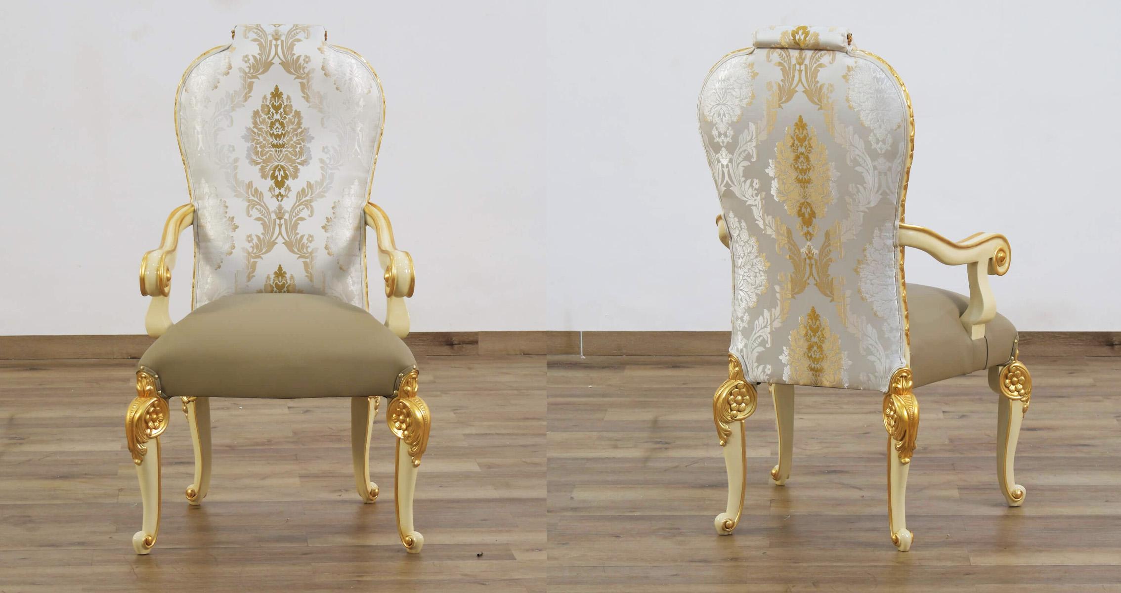 Classic, Traditional Dining Arm Chair Set BELLAGIO 40059-AC-Set-2 in Pearl, Gold, Beige Leather