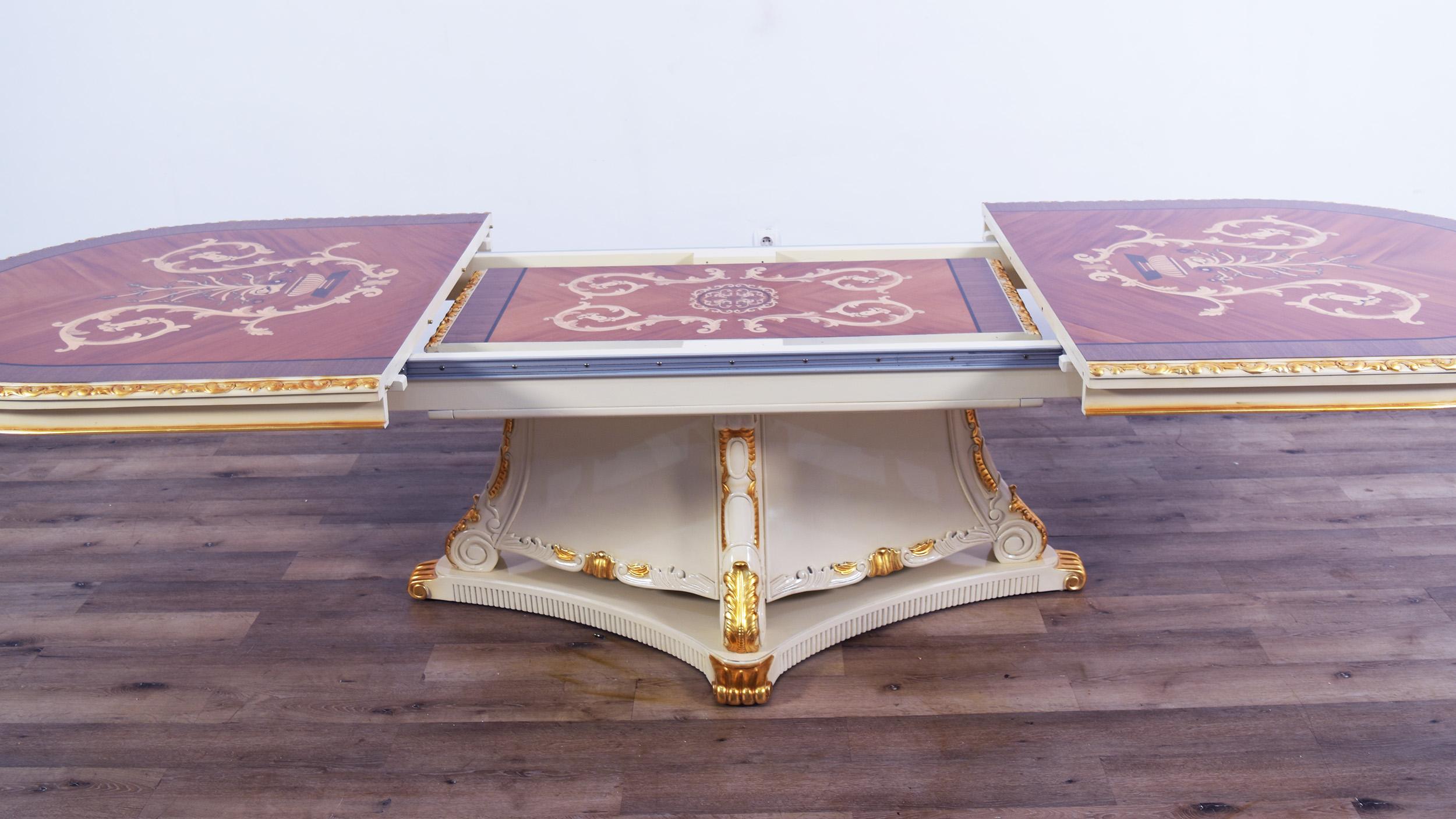 

    
40059-D-Set-13 Luxury Beige & Gold Leaf BELLAGIO Dining Table Set 13Pcs EUROPEAN FURNITURE Classic
