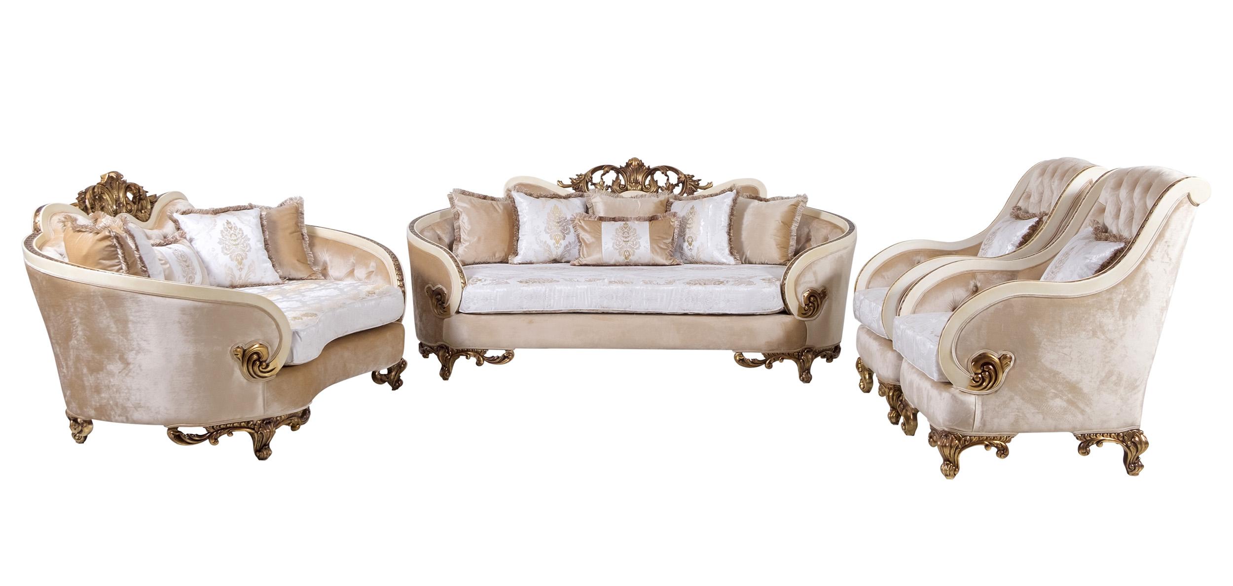 

    
 Shop  Luxury Beige & Gold Wood Trim ROSABELLA Sofa Set 2 Pcs EUROPEAN FURNITURE Classic
