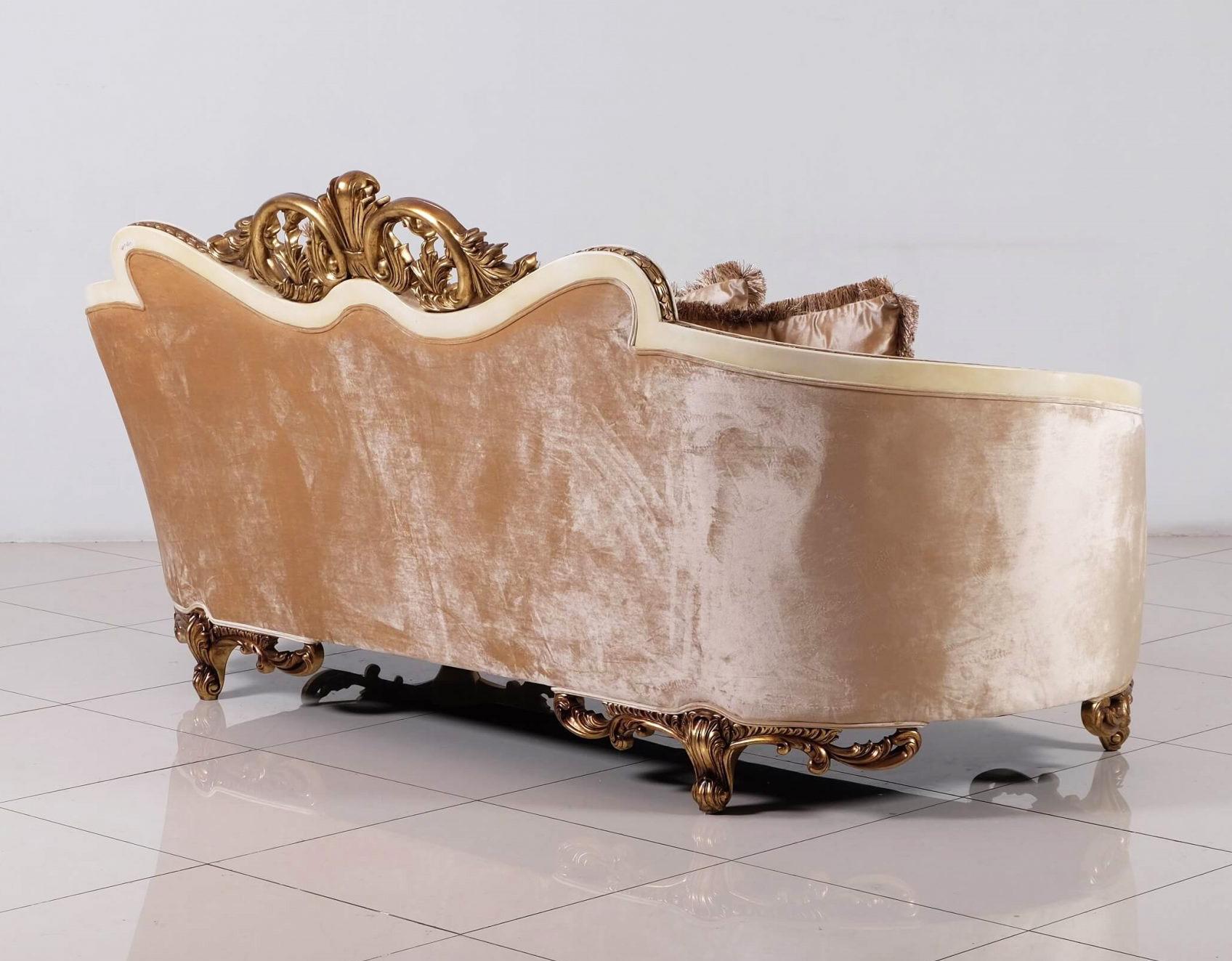 

    
 Shop  Luxury Beige & Gold Wood Trim ROSABELLA Sofa Set 4 Pcs EUROPEAN FURNITURE Classic
