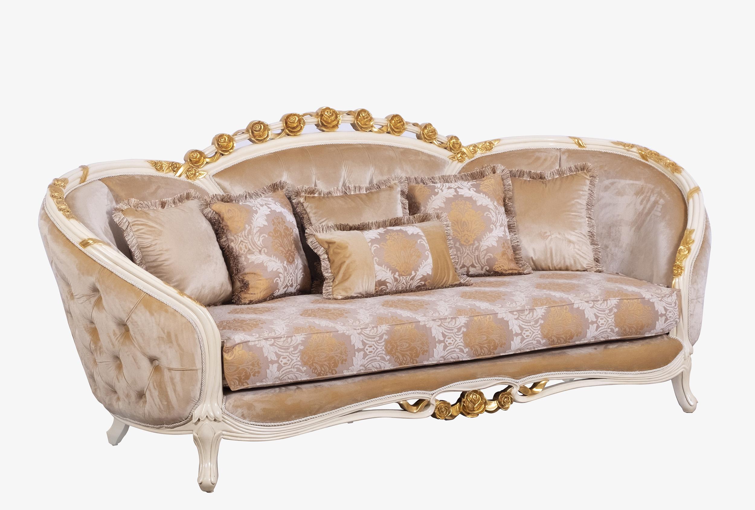 

    
Luxury Beige & Gold Wood Trim VALENTINE Sofa EUROPEAN FURNITURE Traditional
