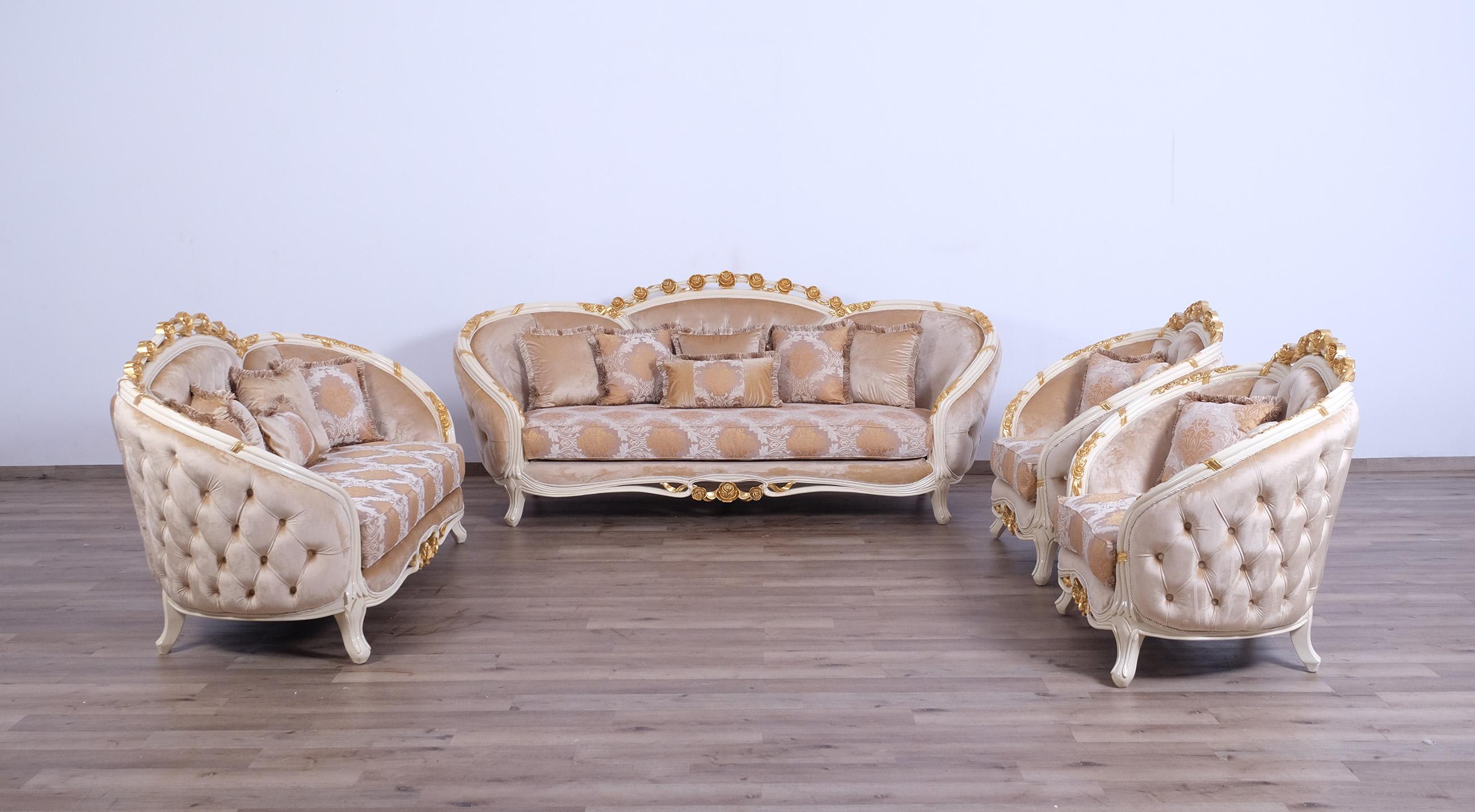 

    
Luxury Beige & Gold Wood Trim VALENTINE Sofa Set 4Pcs  EUROPEAN FURNITURE Classic
