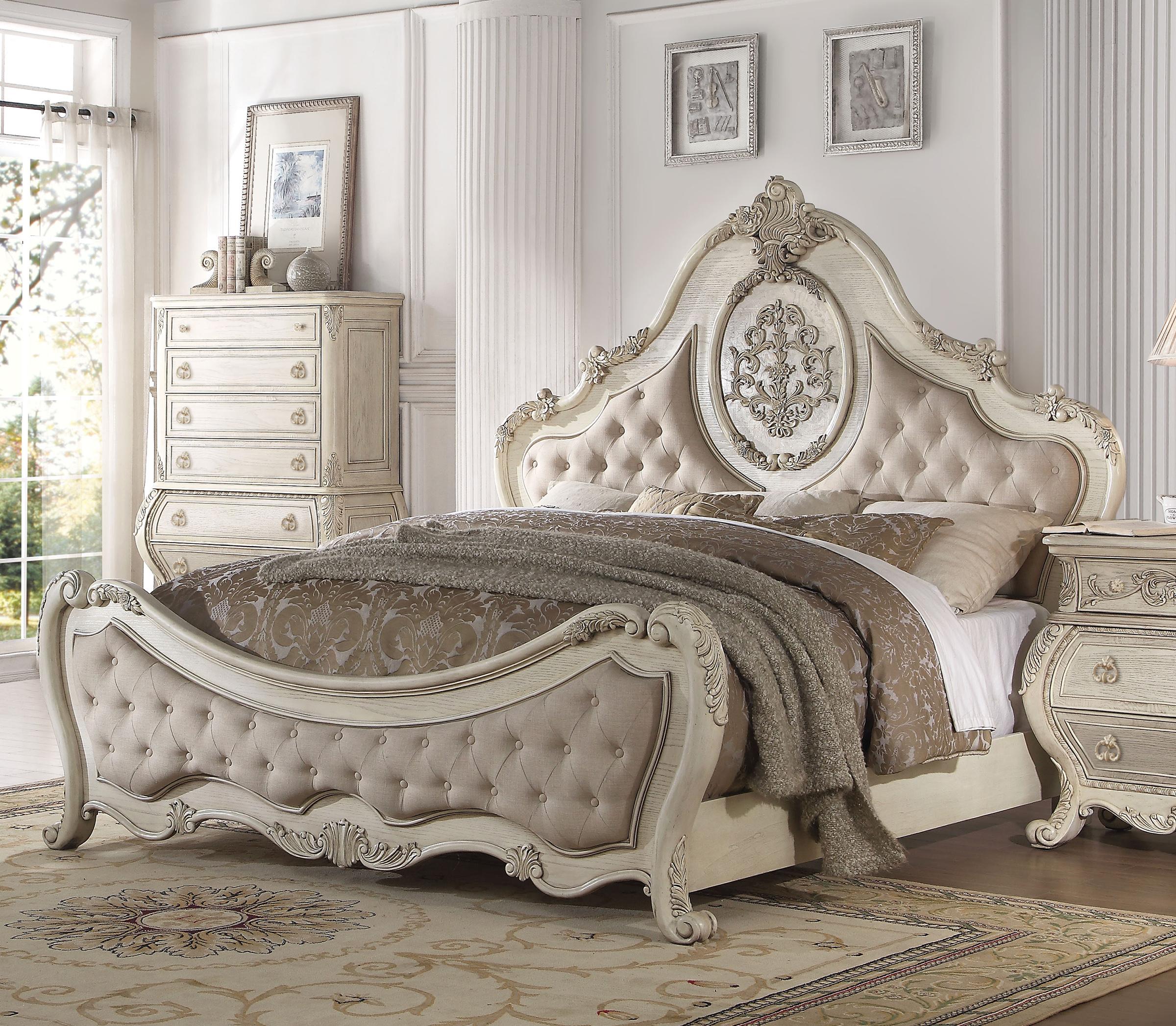 

    
Luxury Beige Linen/Antique White King Bed set with nightstand 2pcs Ragenardus 27007EK Acme
