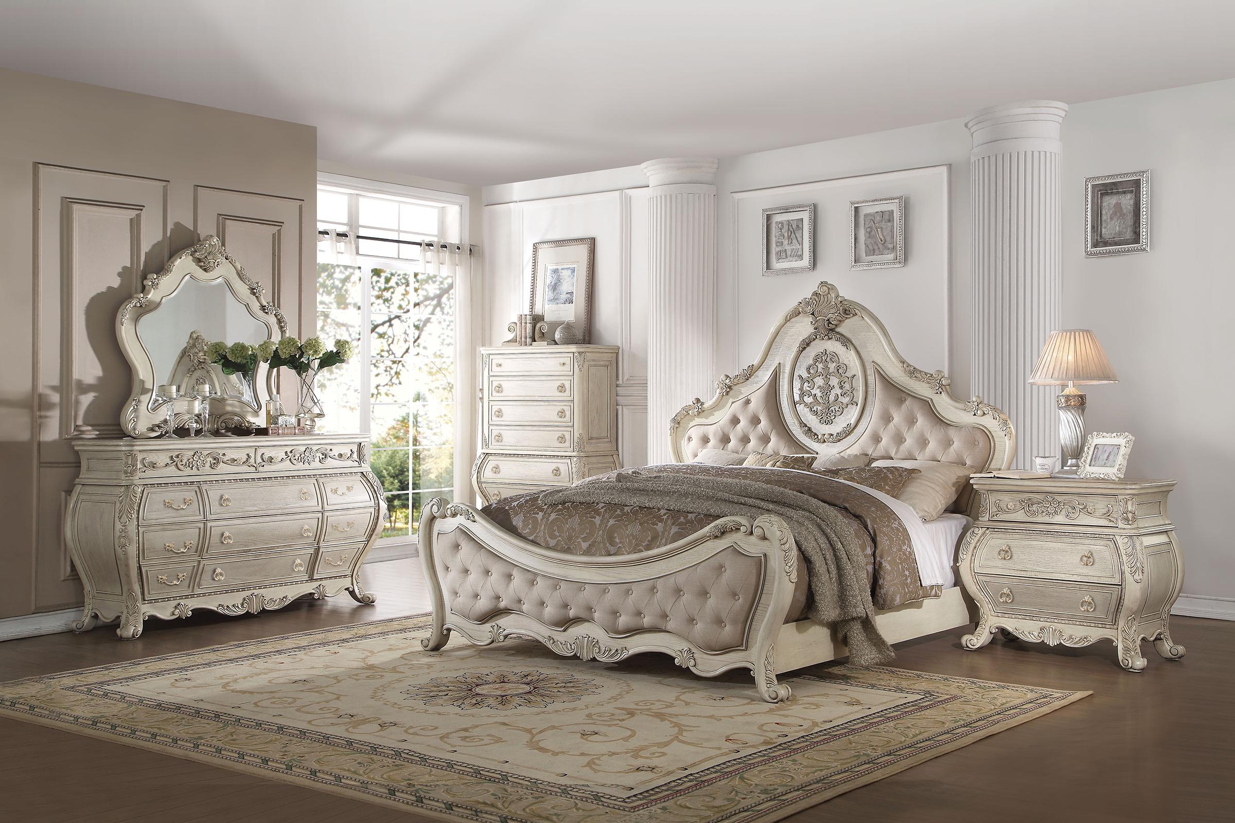 Classic, Traditional Panel Bedroom Set Ragenardus-27007EK Ragenardus-WH-27007EK-Set-3 in Antique White, Beige Linen