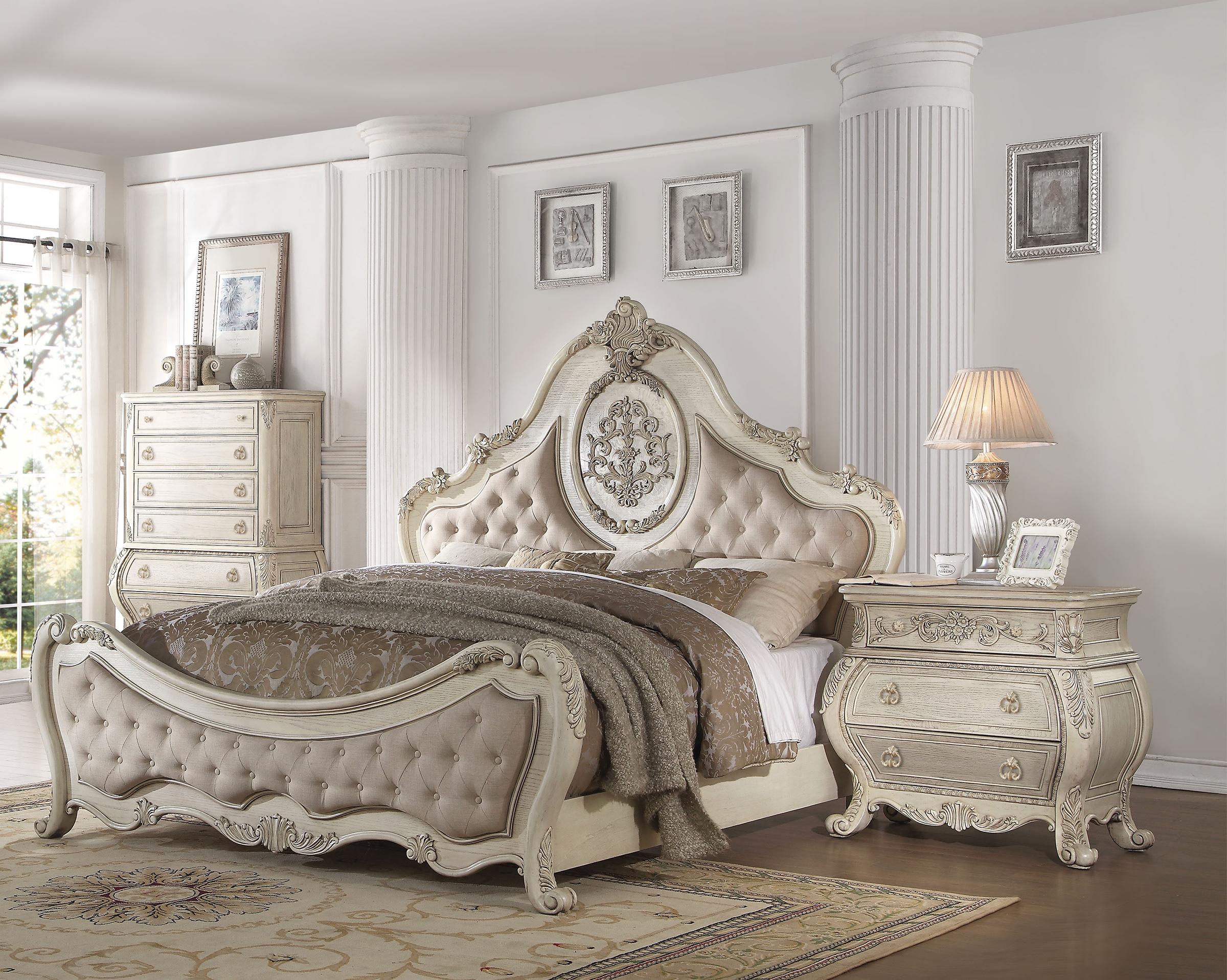 

    
 Shop  Luxury Beige Linen/Antique White King Bedroom Set 5P Ragenardus 27007EK Acme
