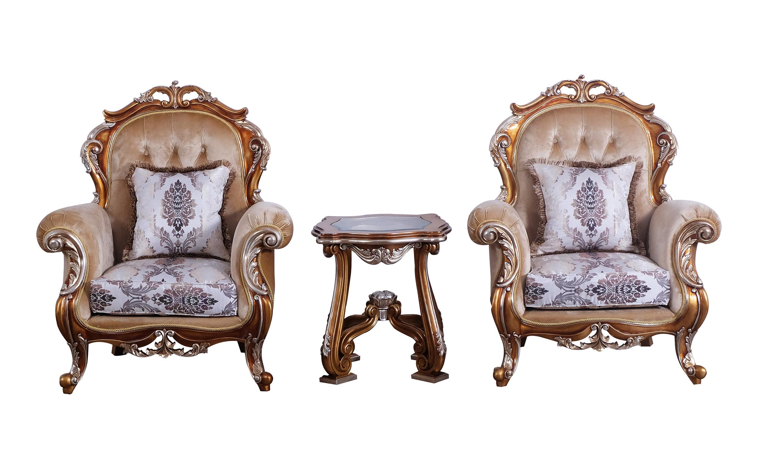 Classic, Traditional Arm Chair Set TIZIANO II 38996-C -Set-2 in Antique, Silver, Gold, Black Fabric