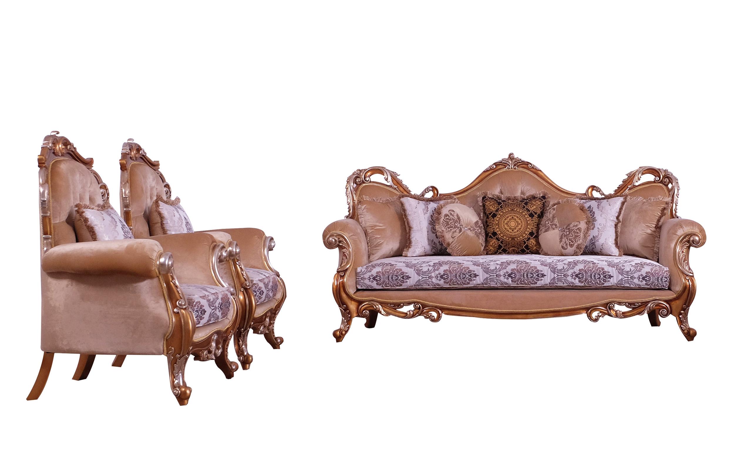 Classic, Traditional Sofa Set TIZIANO II 38996-Set-3 in Antique, Silver, Gold, Black Fabric