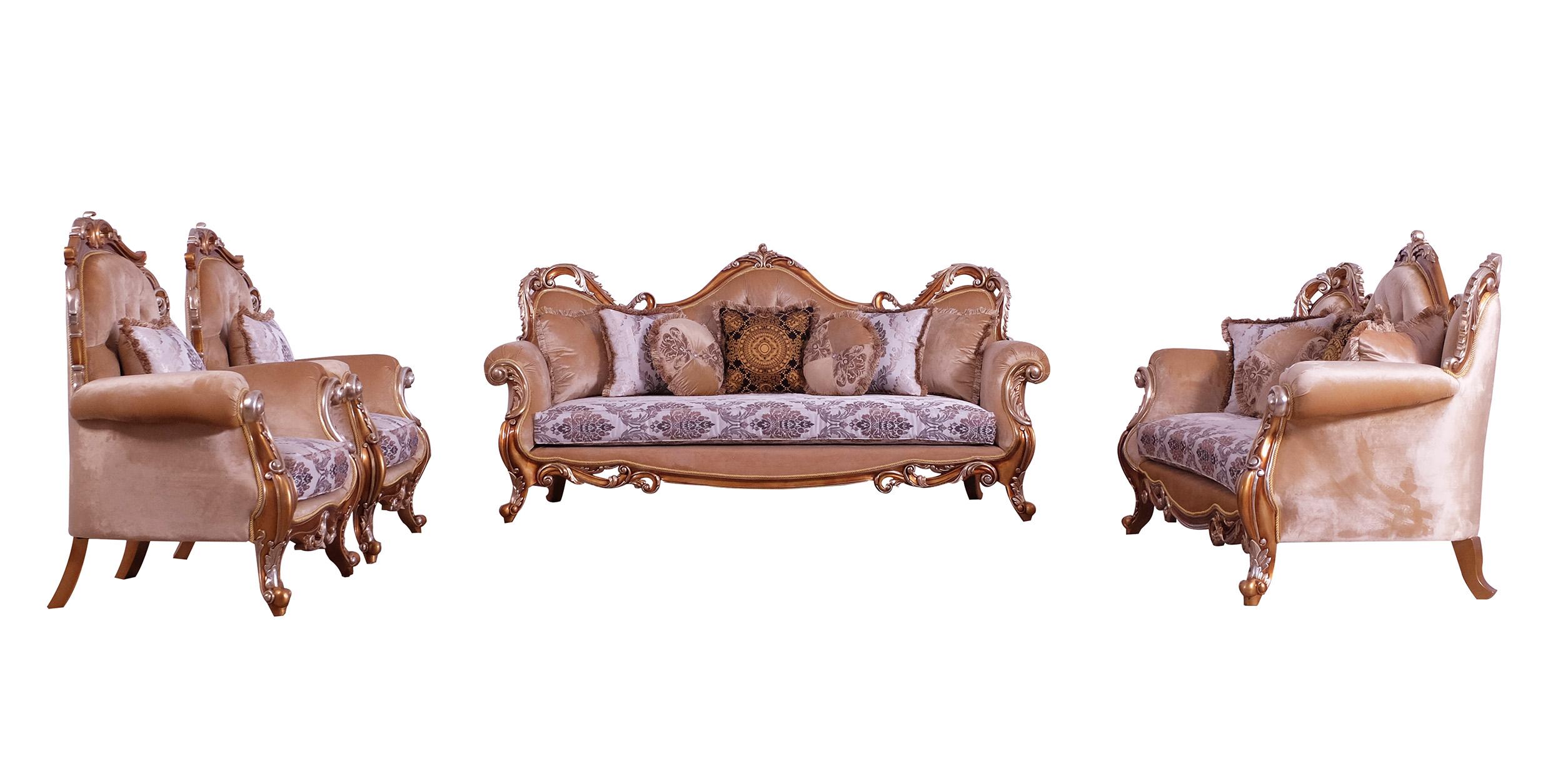Classic, Traditional Sofa Set TIZIANO II 38996-Set-4 in Antique, Silver, Gold, Black Fabric