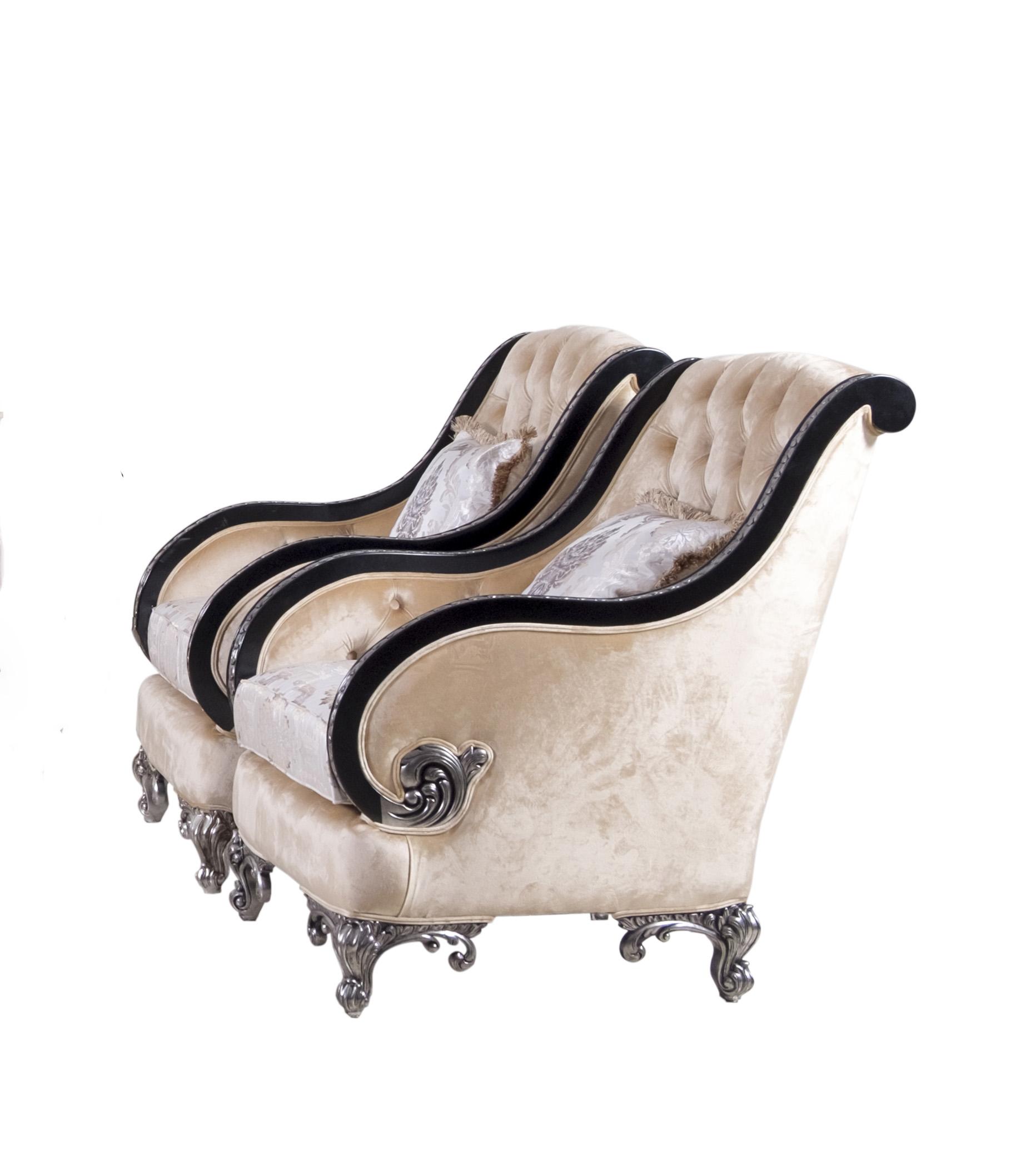 Classic, Traditional Arm Chair Set ROSABELLA 35022-C -Set-2 in Antique, Silver, Black Fabric