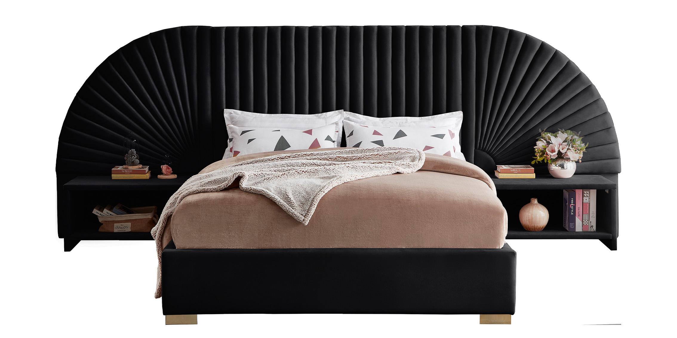 

    
Luxury Black Velvet Channel-Tufted Queen Bed Set 3P CLEO Black-Q Meridian Modern
