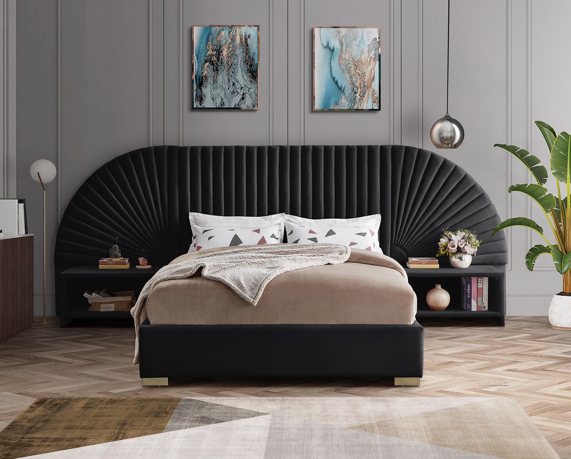 

    
Luxury Black Velvet Channel-Tufted Queen Bed Set 3P CLEO Black-Q Meridian Modern
