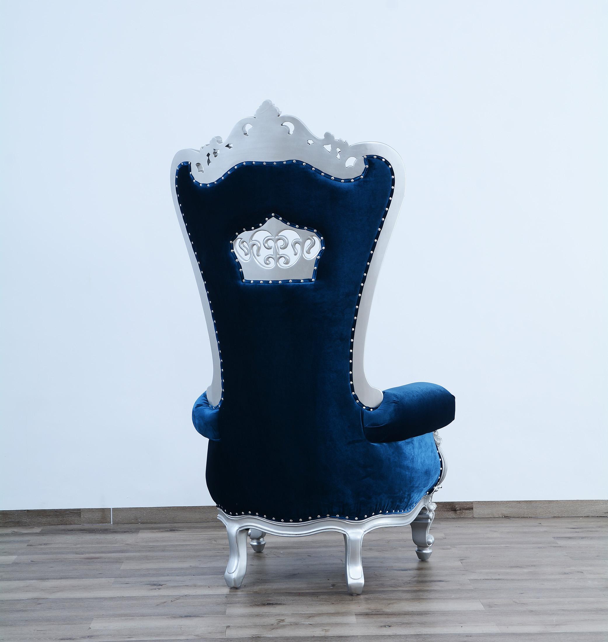 

        
EUROPEAN FURNITURE QUEEN ELIZABETH Arm Chair Set Silver/Blue Fabric 663701292398
