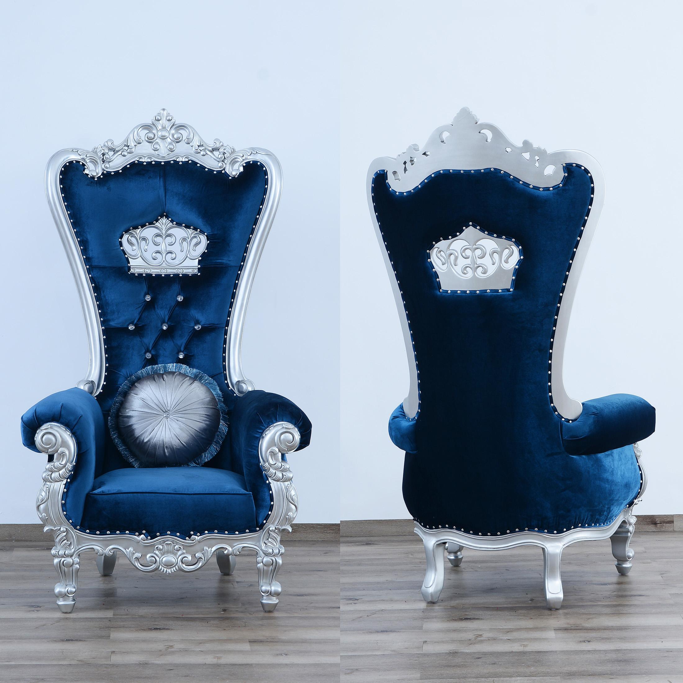 Classic, Traditional Arm Chair Set QUEEN ELIZABETH 35096-Set-2 in Silver, Blue Fabric