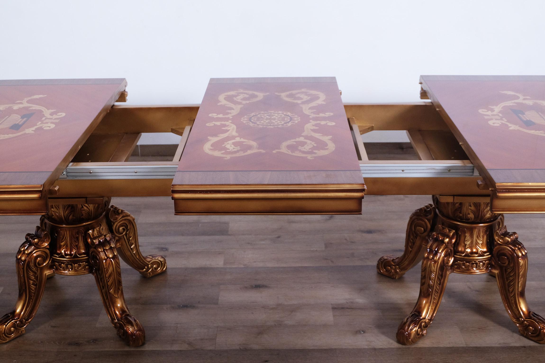 

    
EUROPEAN FURNITURE MAGGIOLINI Dining Table Set Gold/Bronze/Black 61952-DT-Set-9-Black

