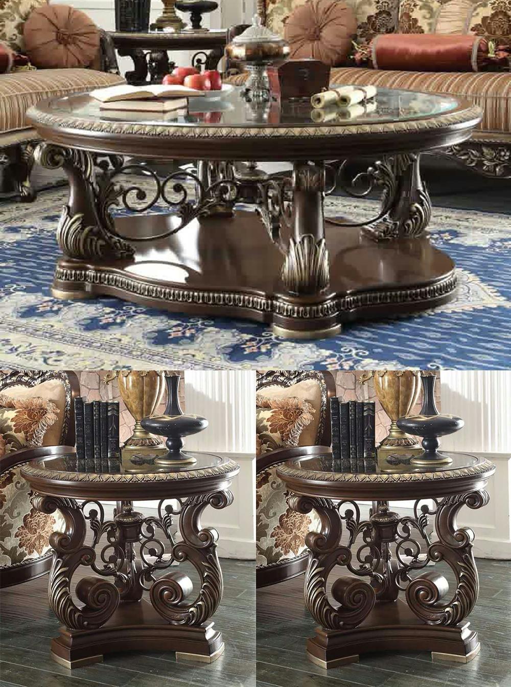 

    
Brown Cherry Coffee Table Set 3Pcs Carved Wood Traditional Homey Design HD-8013

