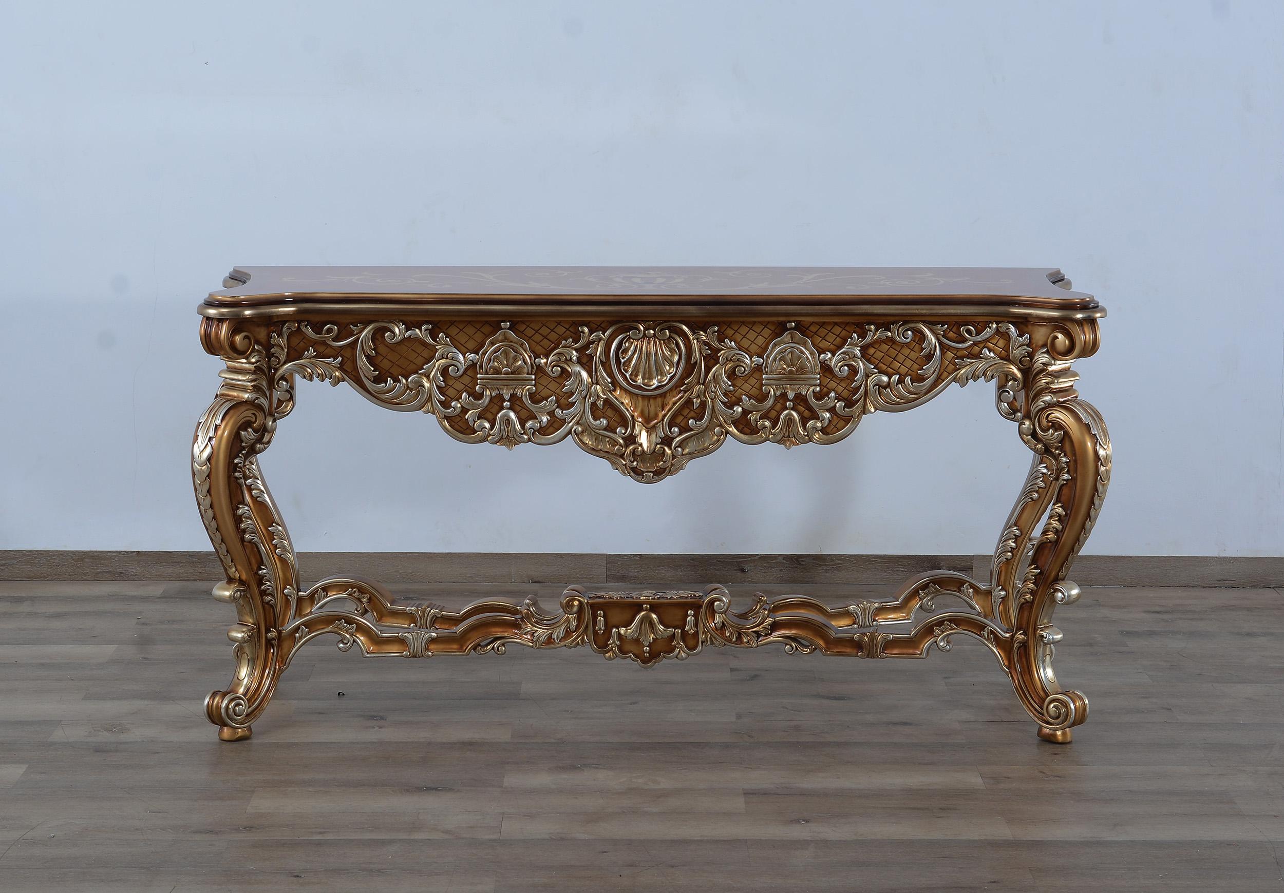 

    
Luxury Brown Gold & Silver Wood Trim Console Table St Germain EUROPEAN FURNITURE
