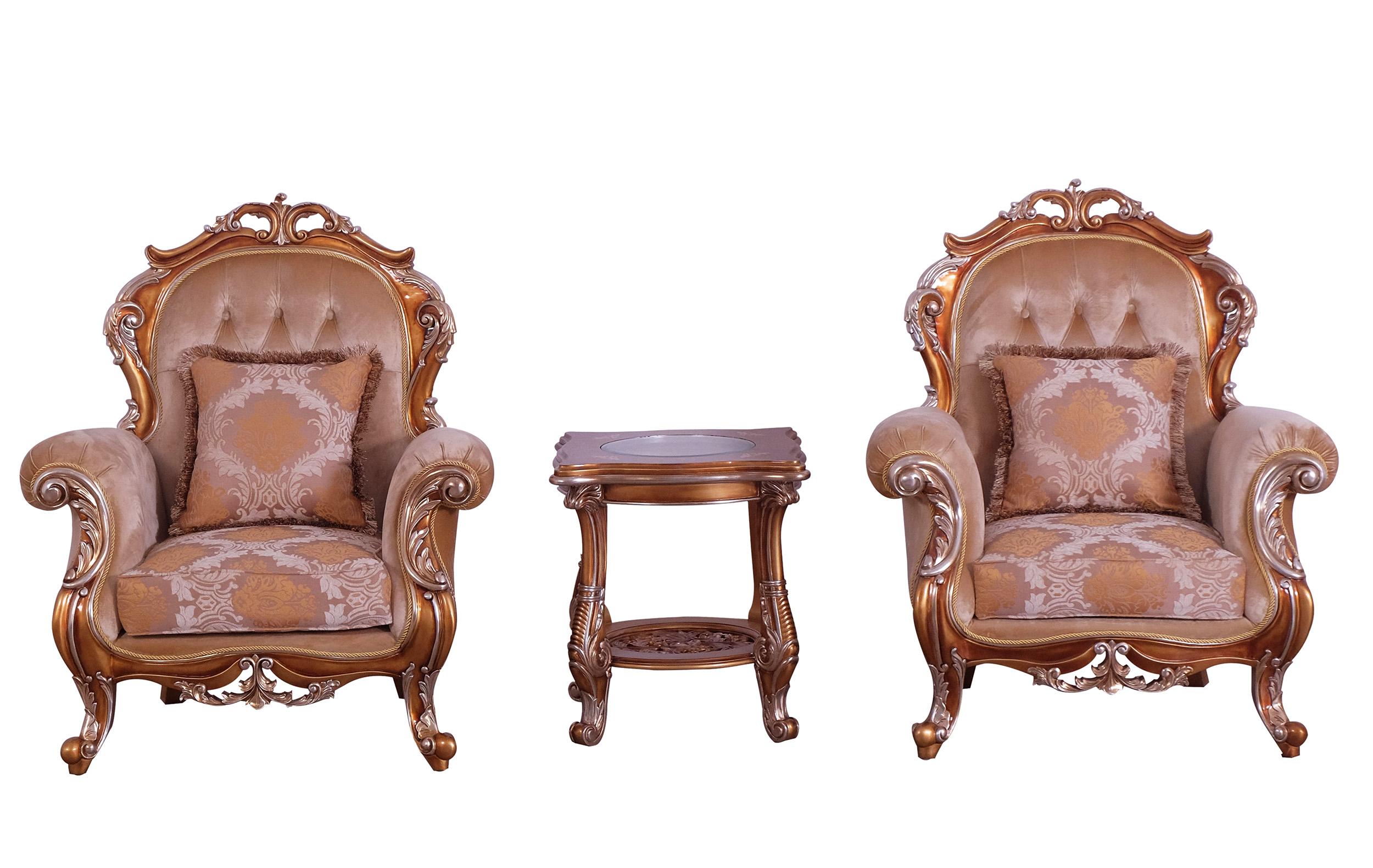 Classic, Traditional Arm Chair Set TIZIANO 38994-C-Set-2 in Antique, Silver, Gold, Brown Fabric
