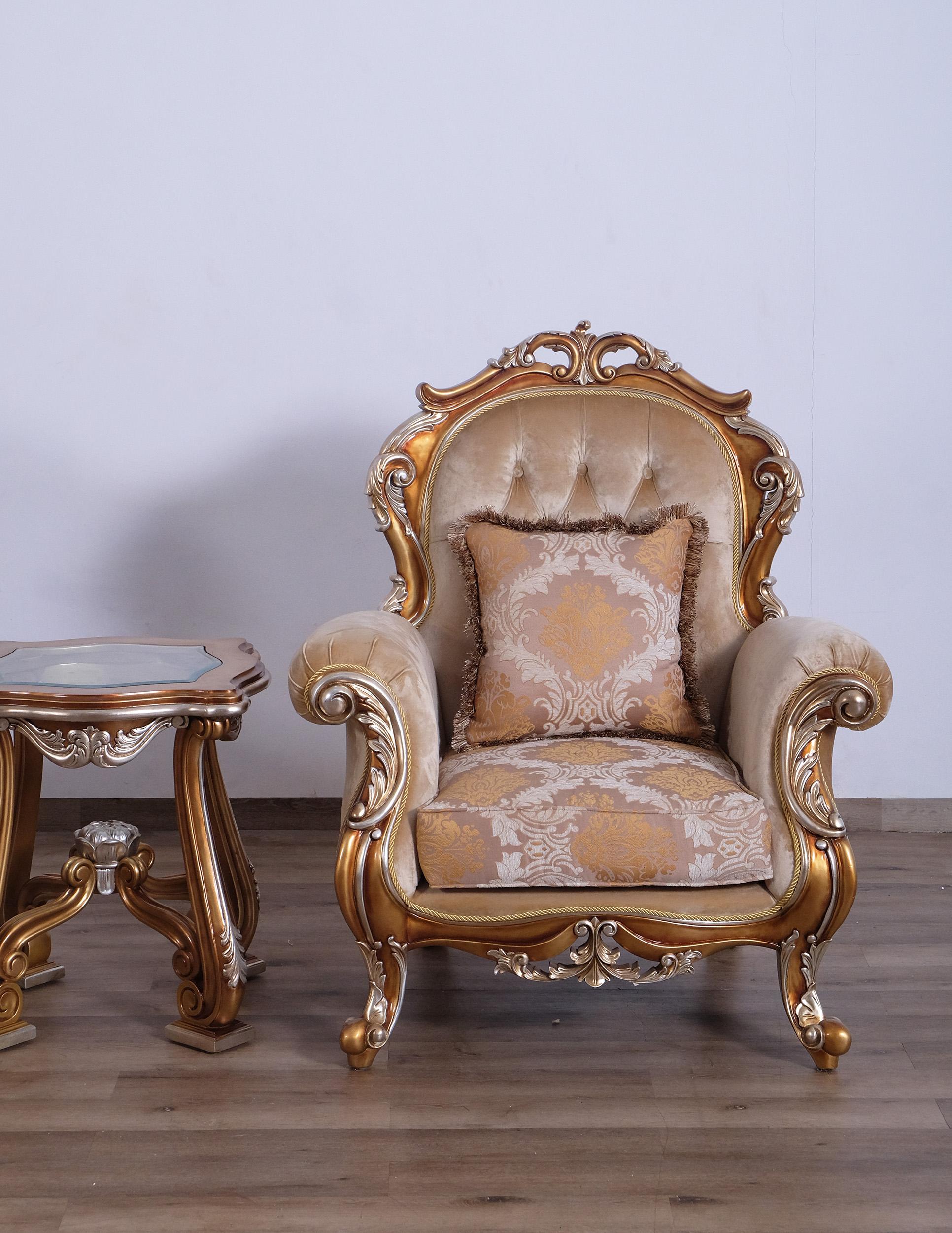 

        
EUROPEAN FURNITURE TIZIANO Arm Chair Set Antique/Silver/Gold/Brown Fabric 663701290042
