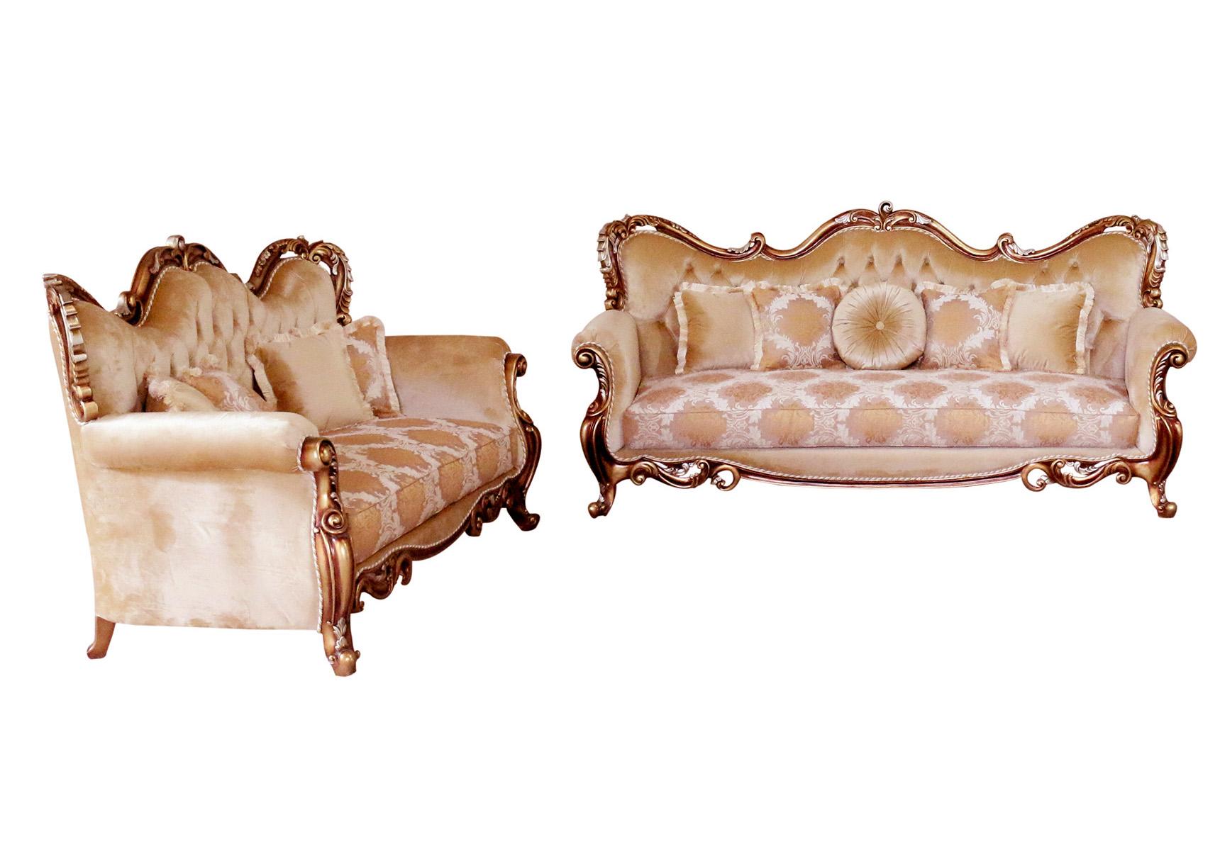 

    
Luxury Brown & Gold Wood Trim TIZIANO Sofa Set 2Pcs EUROPEAN FURNITURE Traditional
