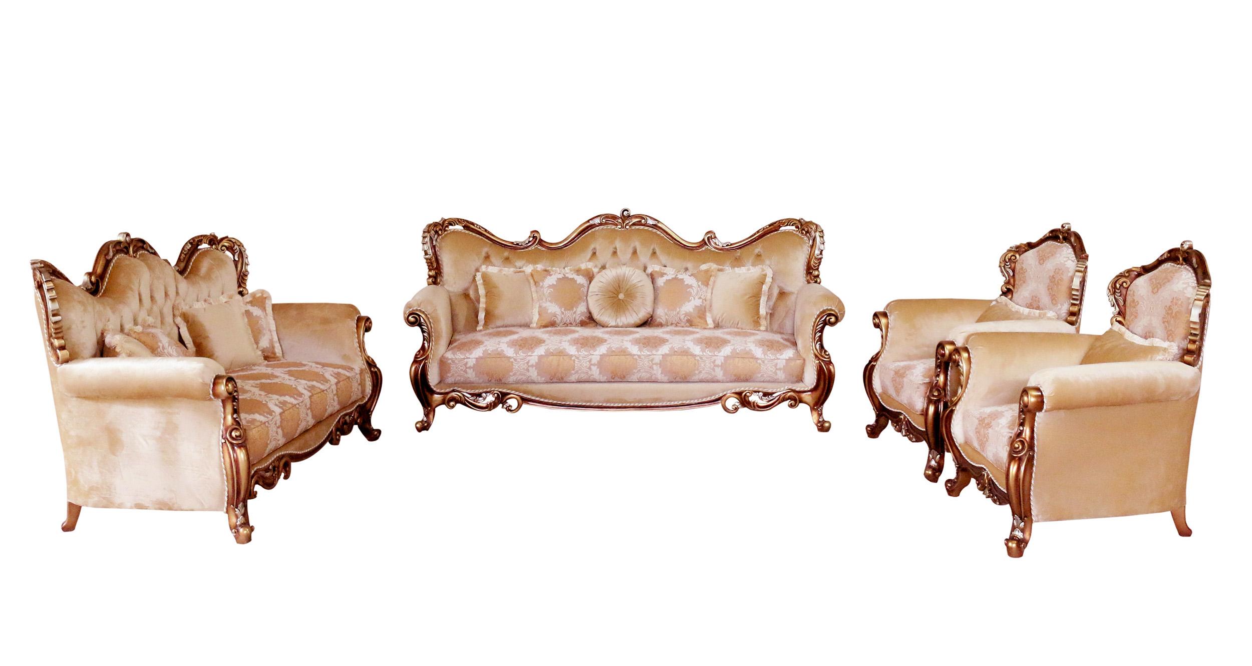 

    
Luxury Brown & Gold Wood Trim TIZIANO Sofa Set 4Pcs EUROPEAN FURNITURE Traditional
