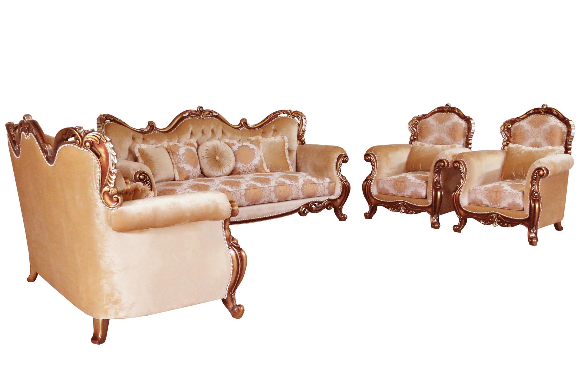 

    
Luxury Brown & Gold Wood Trim TIZIANO Sofa Set 4Pcs EUROPEAN FURNITURE Traditional
