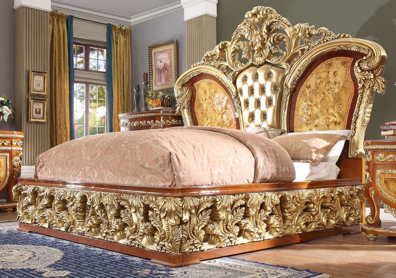 

    
Luxury CAL King Bedroom Set 3 Psc Gold Curved Wood Homey Design HD-8024
