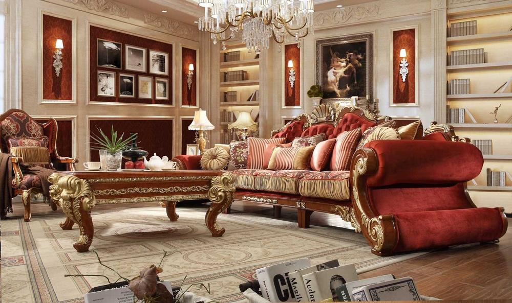 Traditional Sectional Sofa Set HD-2575  HD-8024 HD-SEC2575-3PC in Gold, Cherry Fabric