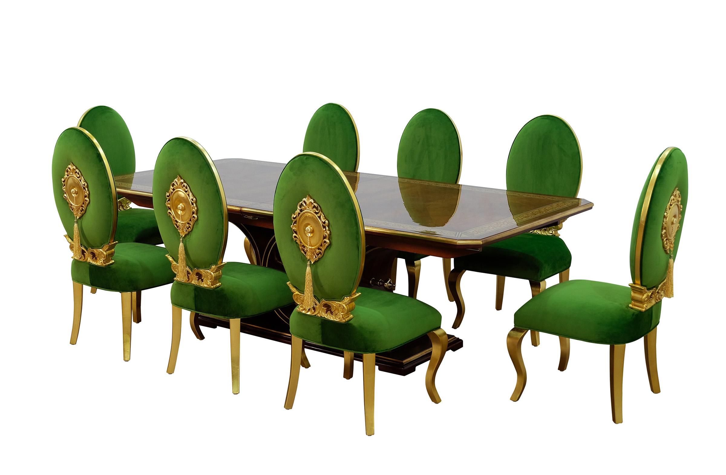 

    
Luxury Ebony & Gold Emerald Green ROSELLA Dining Table Set 9Pcs EUROPEAN FURNITURE
