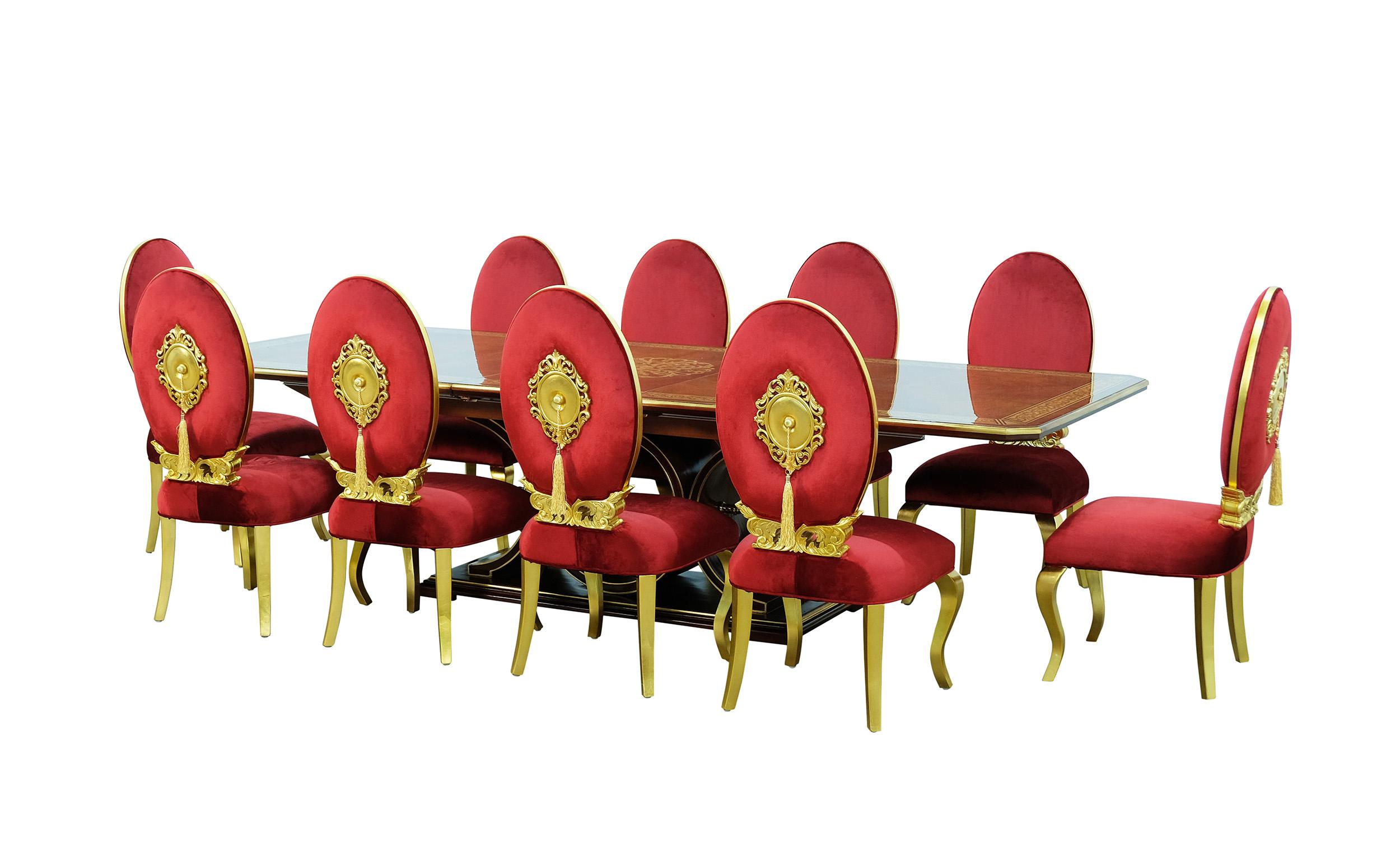 

    
Luxury Ebony & Gold Red Velvet ROSELLA Dining Table Set 11Ps EUROPEAN FURNITURE
