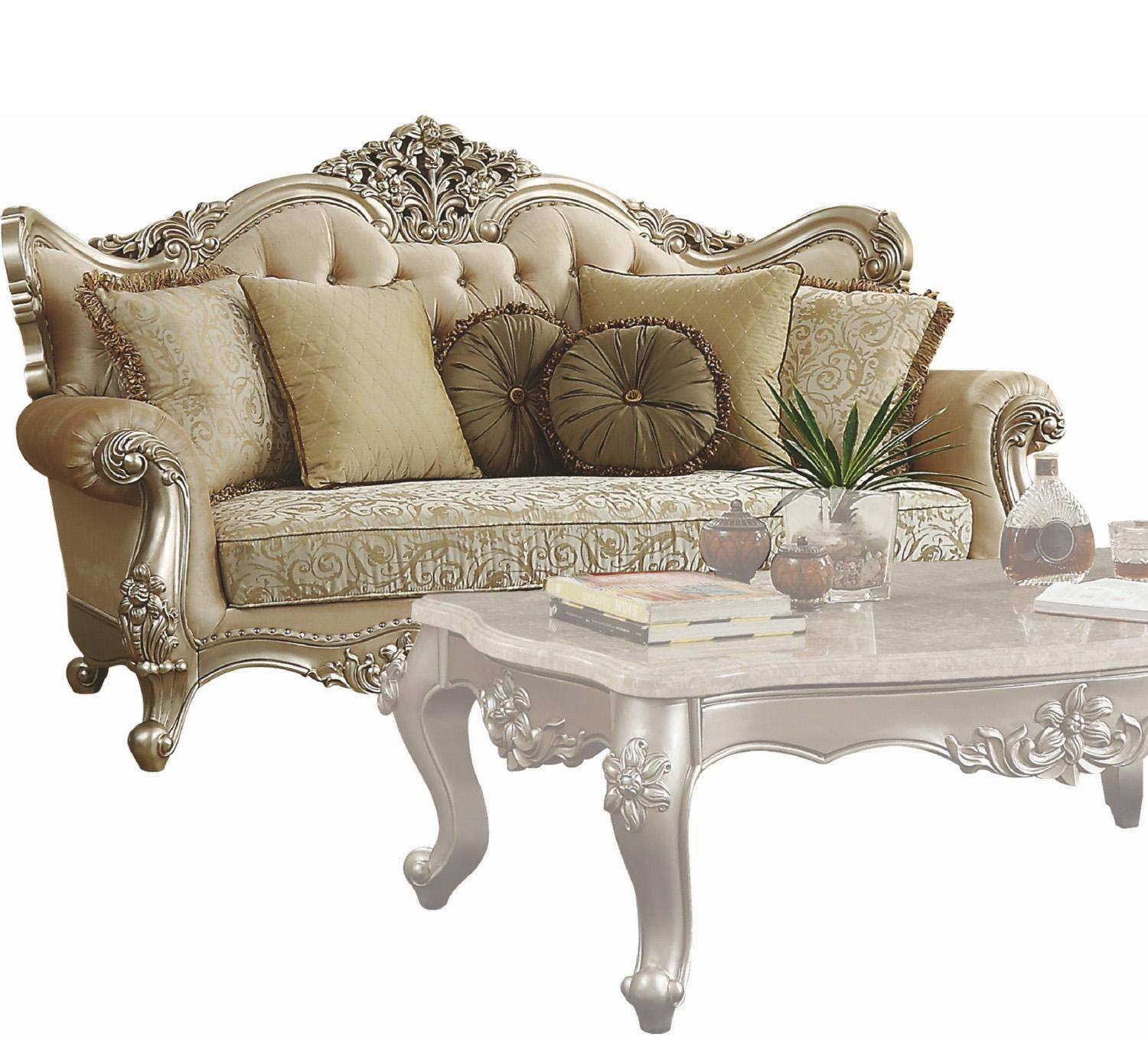 

    
Luxury Fabric Pearl & Champagne Sofa Bently 50660 ACME Traditional Carved Wood
