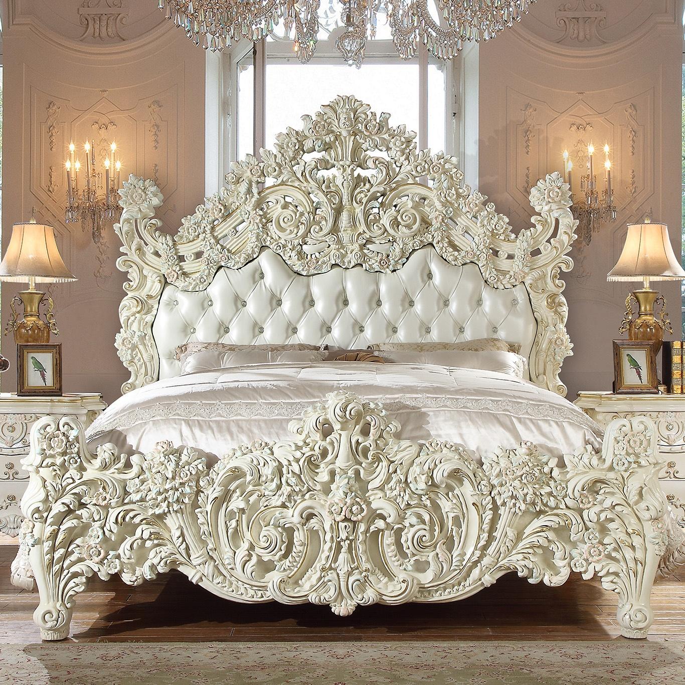 

    
Luxury Glossy White CAL King Bed Carved Wood Homey Design HD-8089
