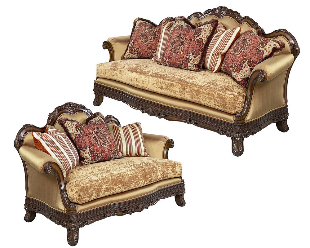 

    
Luxury Gold Chenille Dark Brown Wood Sofa Set 2P HD-90015 Classic Traditional
